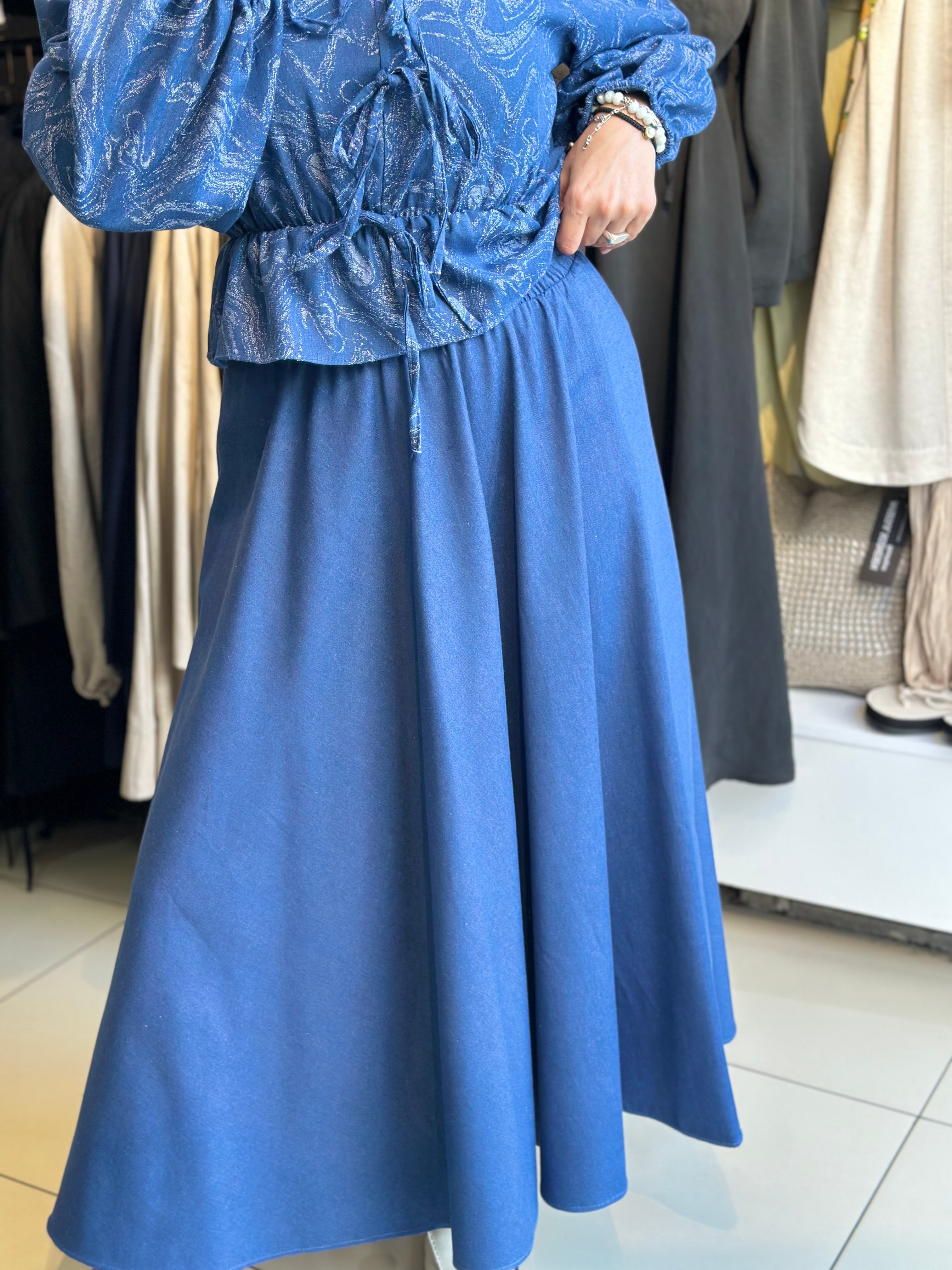 Denim Efektli Bluz Etek Takım
