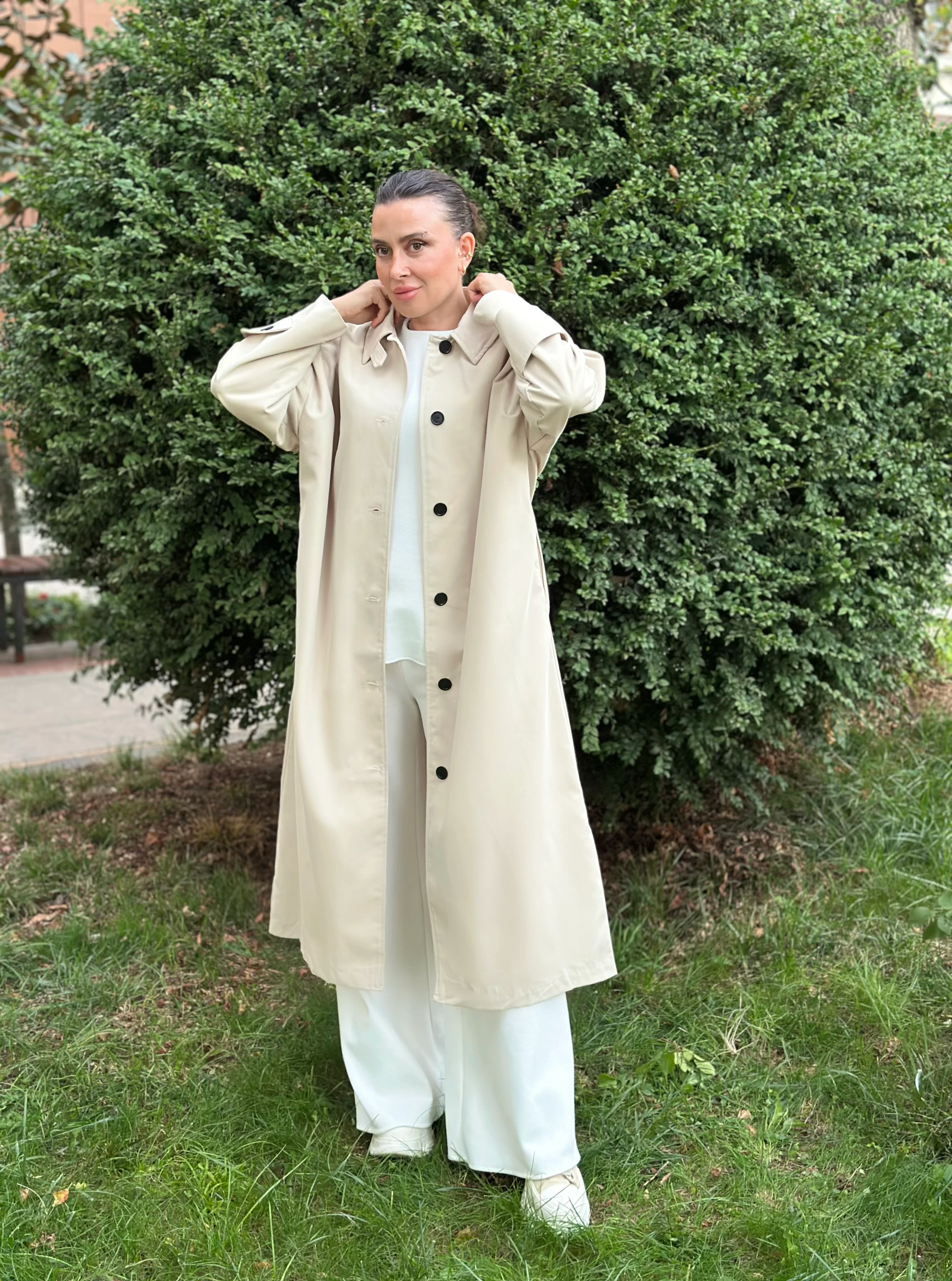 Maksi Boy Bej Renk Düz Model Trençkot