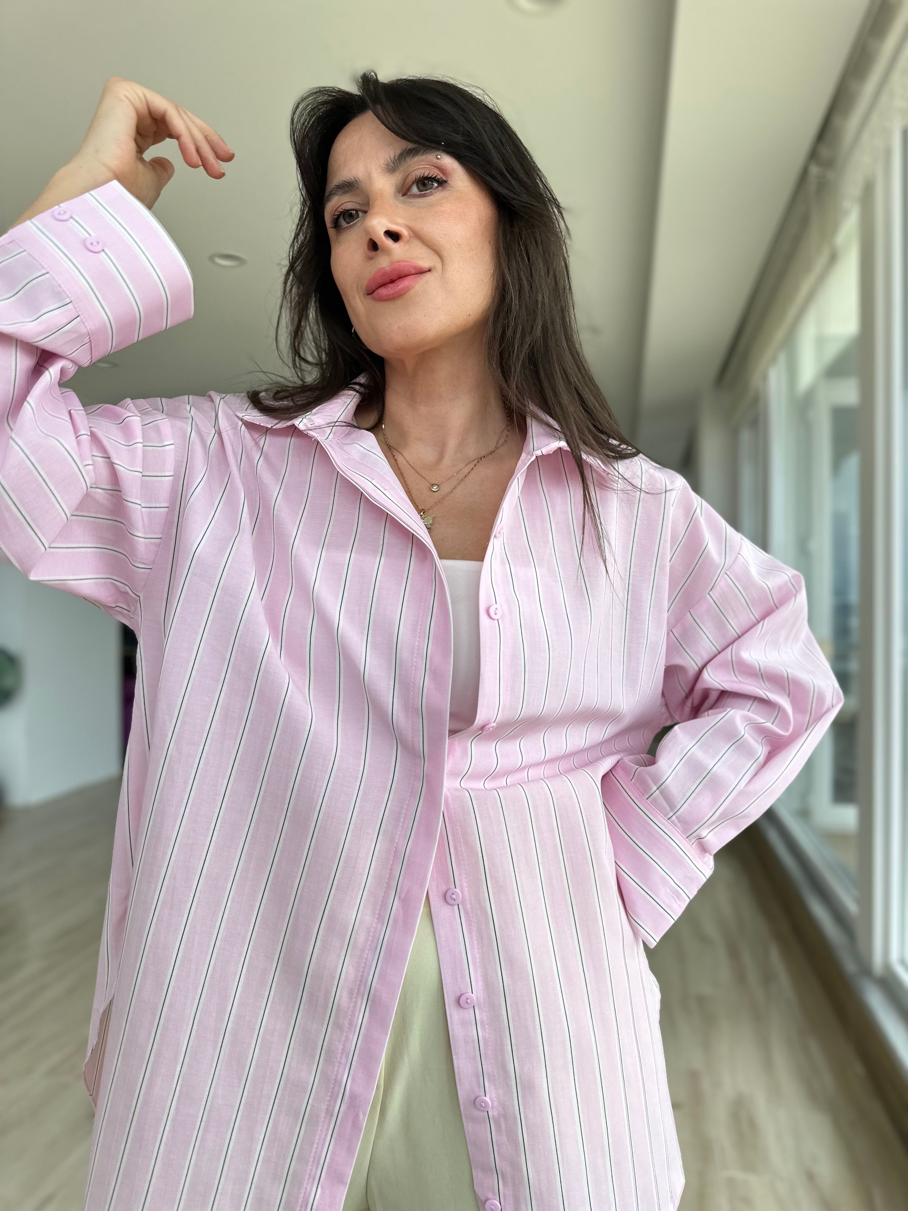 Pembe Renk Çizgili Poplin Gömlek
