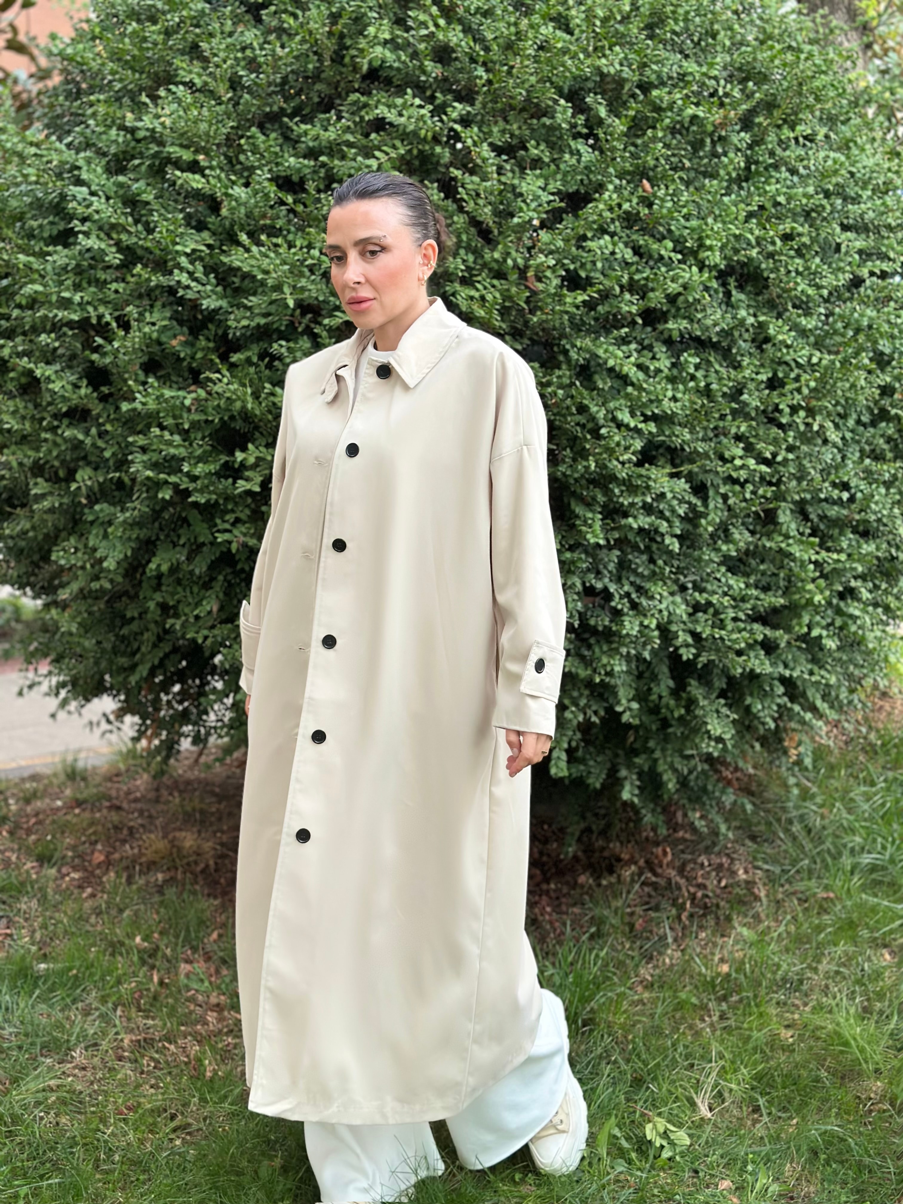 Maksi Boy Bej Renk Düz Model Trençkot