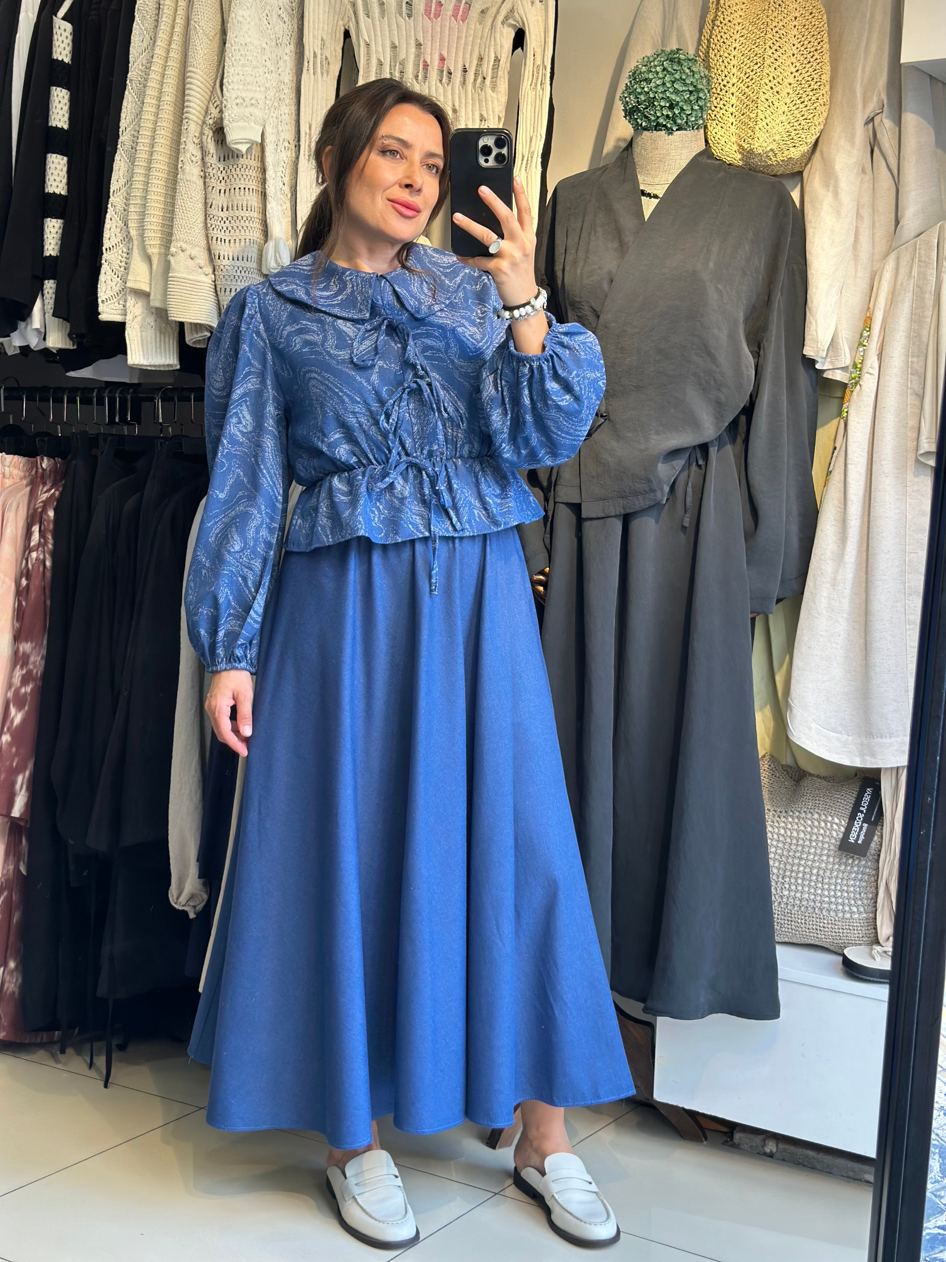 Denim Efektli Bluz Etek Takım