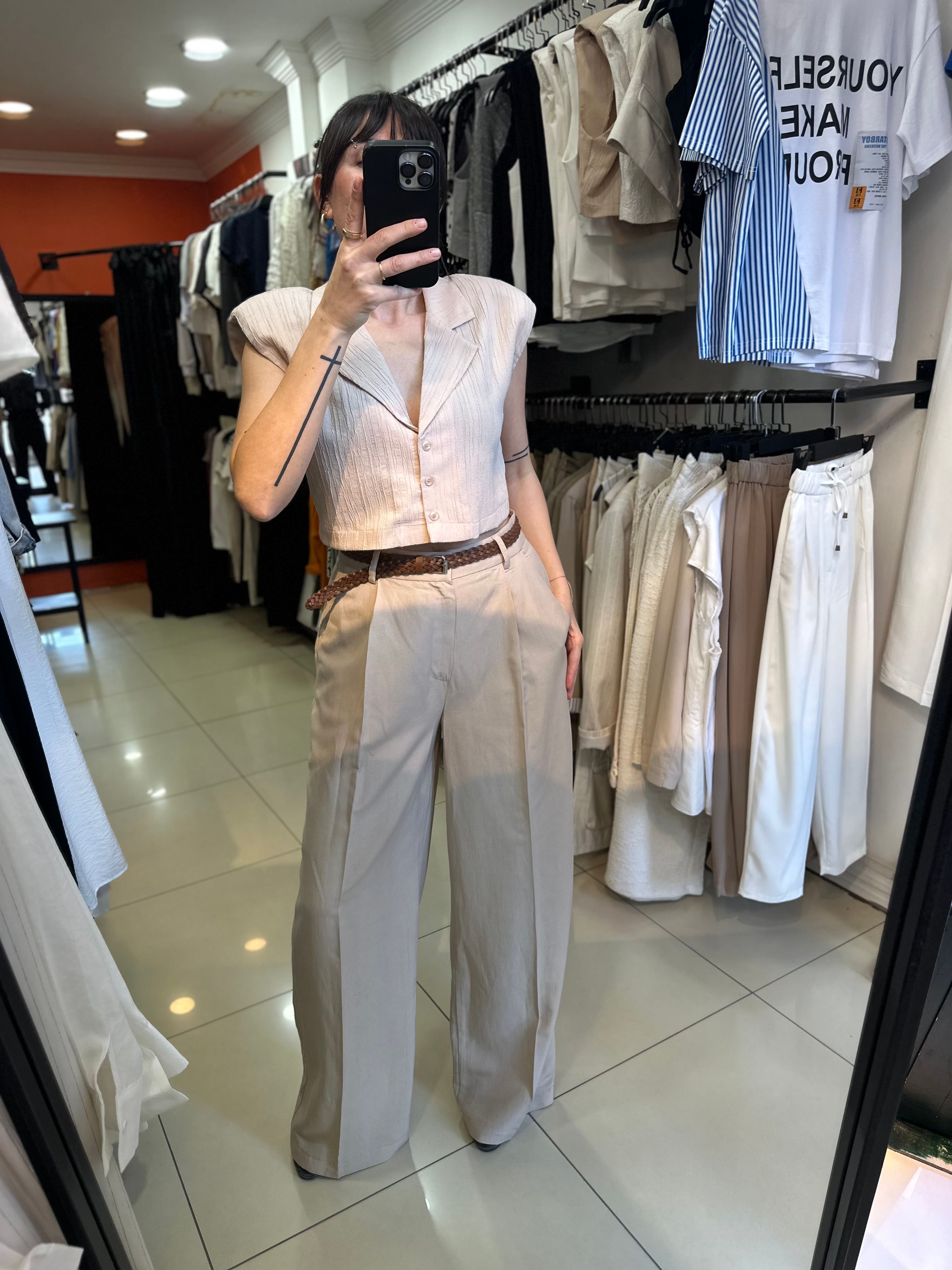 Camel Yüksel Bel Kemerli Keten Pantolon