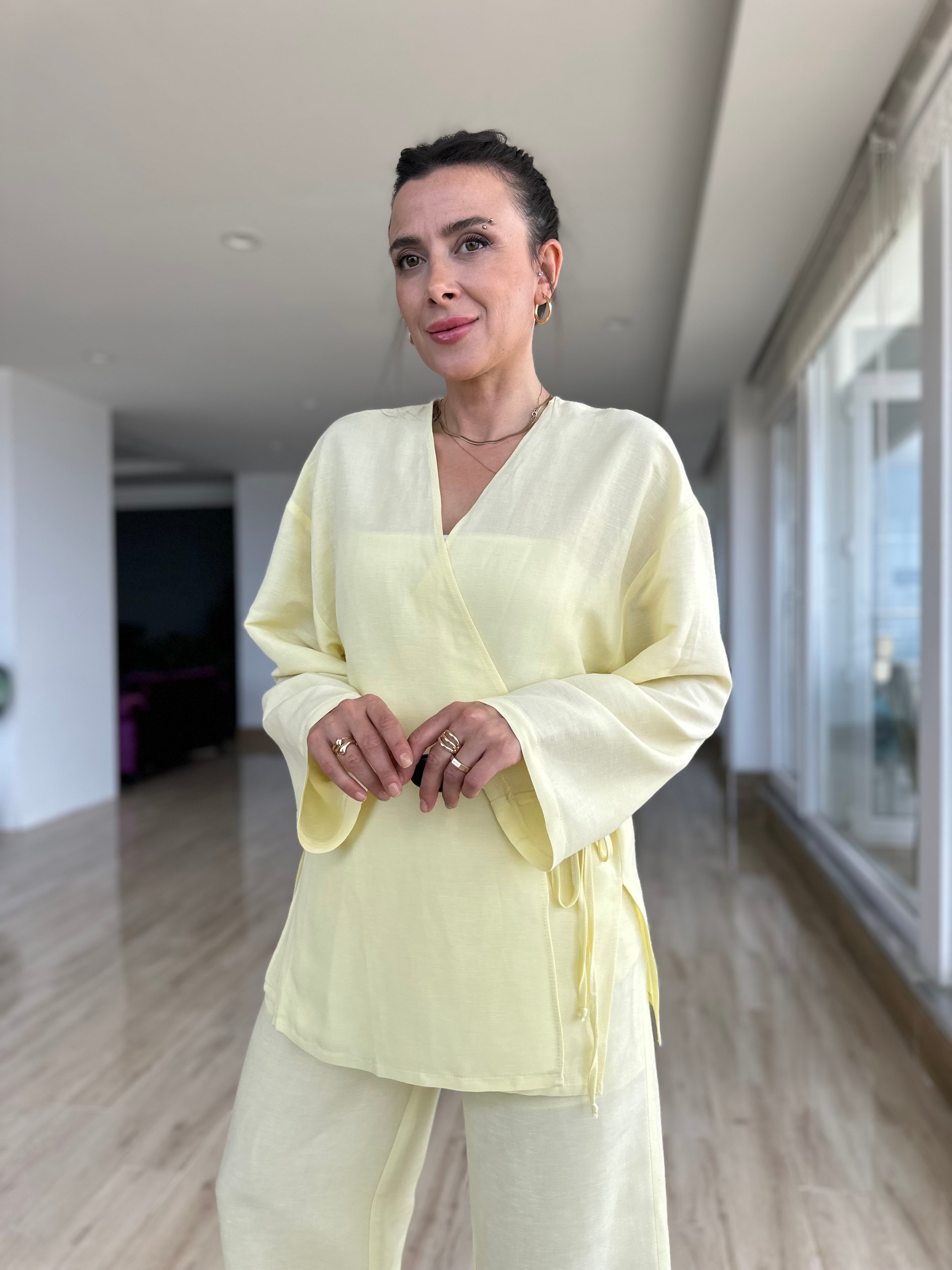 Tereyağ Sarısı Kimono Pantolon Takım