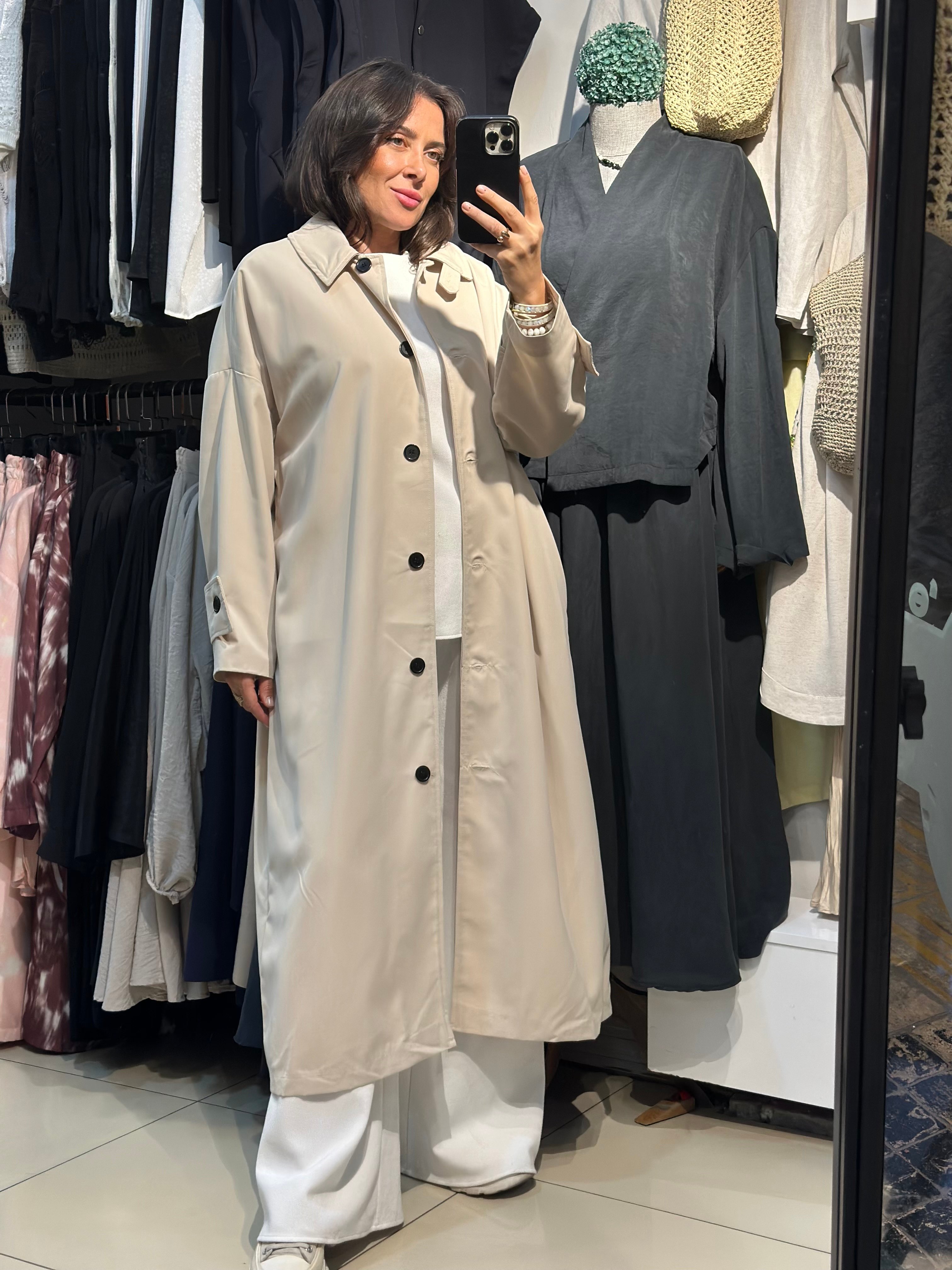 Maksi Boy Bej Renk Düz Model Trençkot