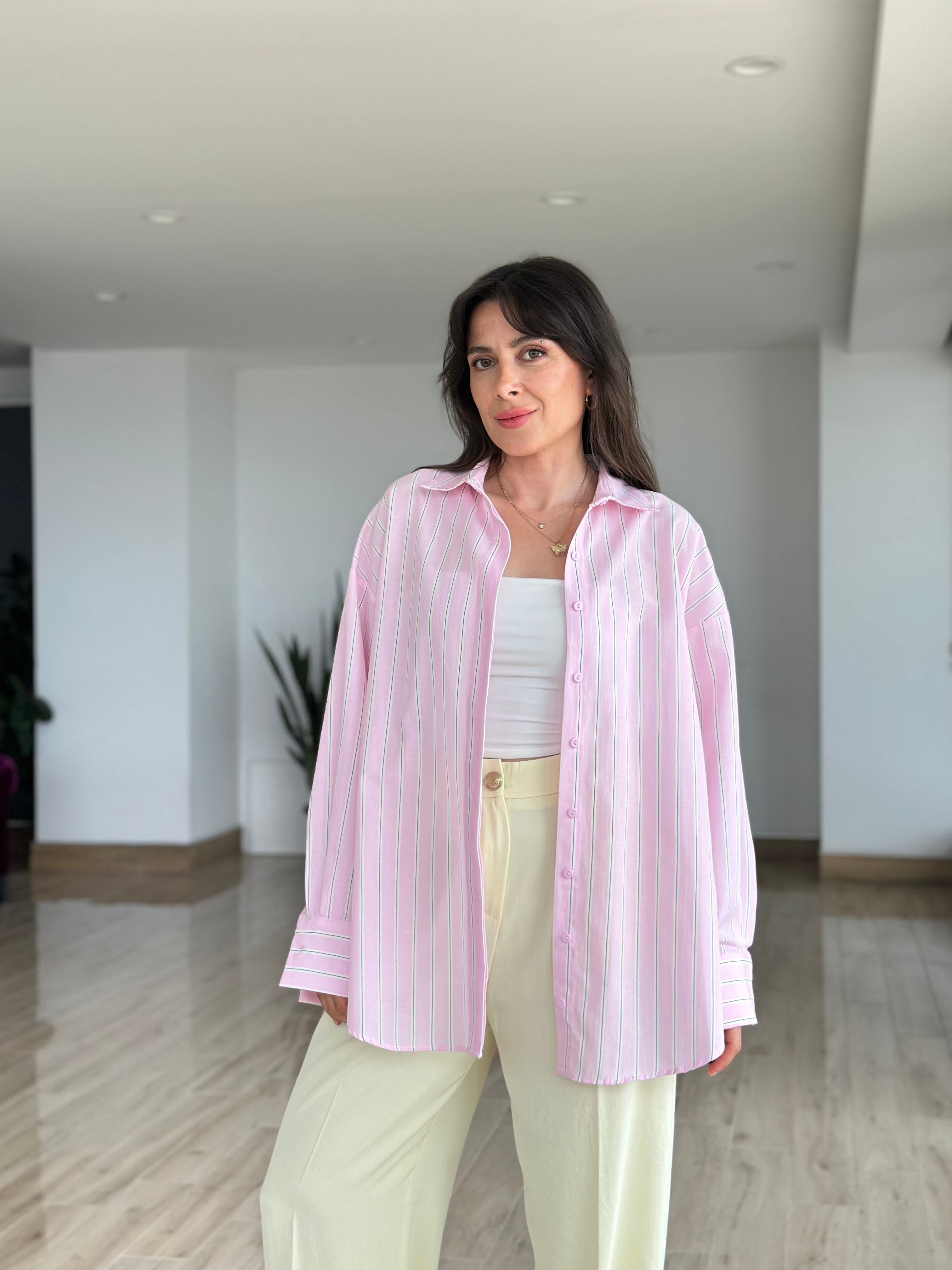 Pembe Renk Çizgili Poplin Gömlek
