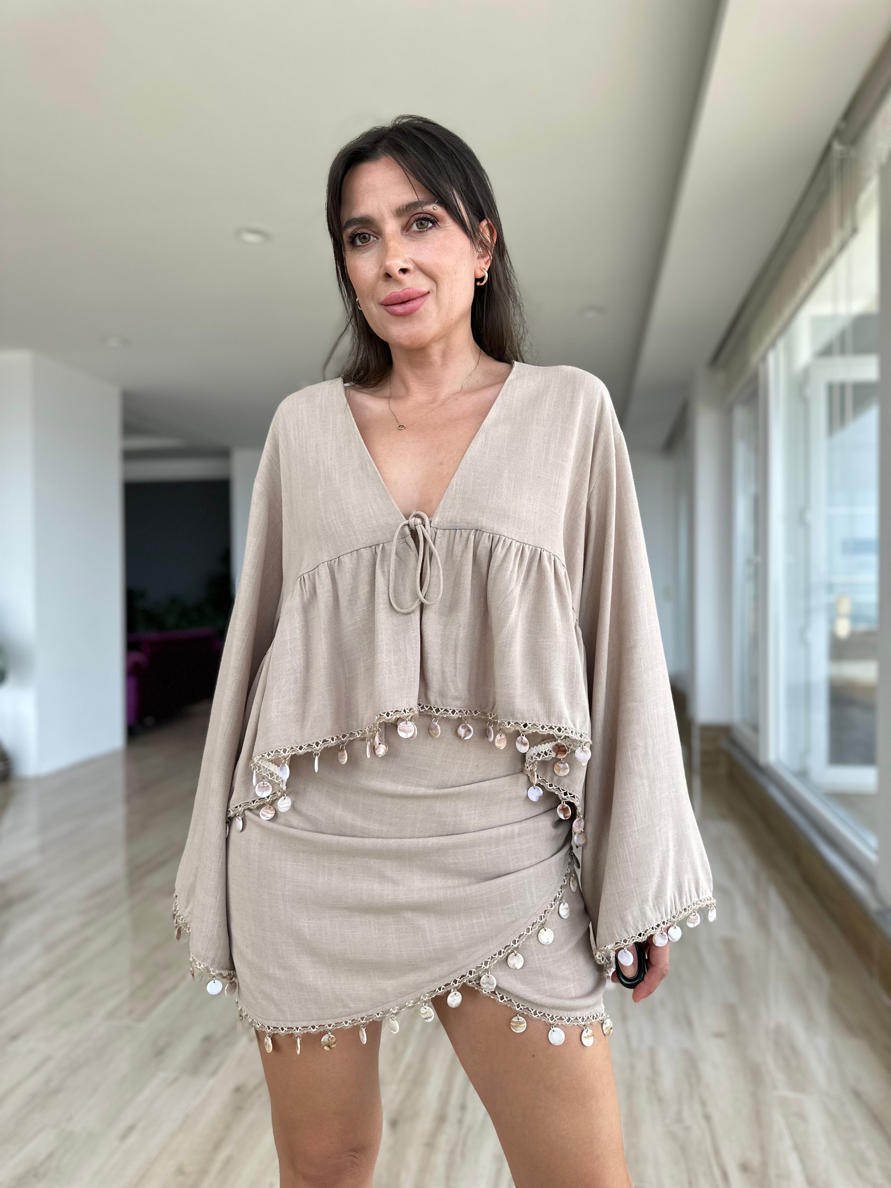 Bağlamalı Bej Keten Ceket