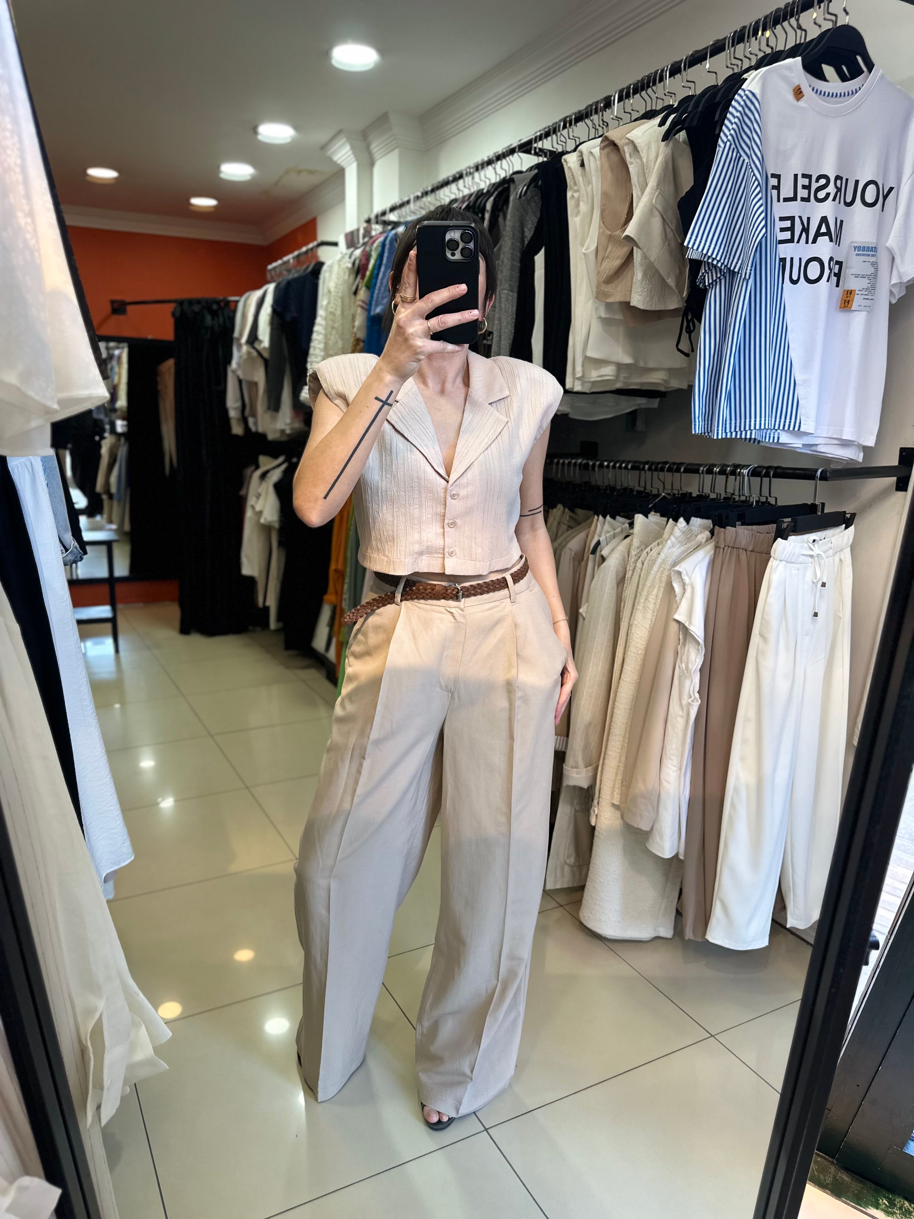 Camel Yüksel Bel Kemerli Keten Pantolon