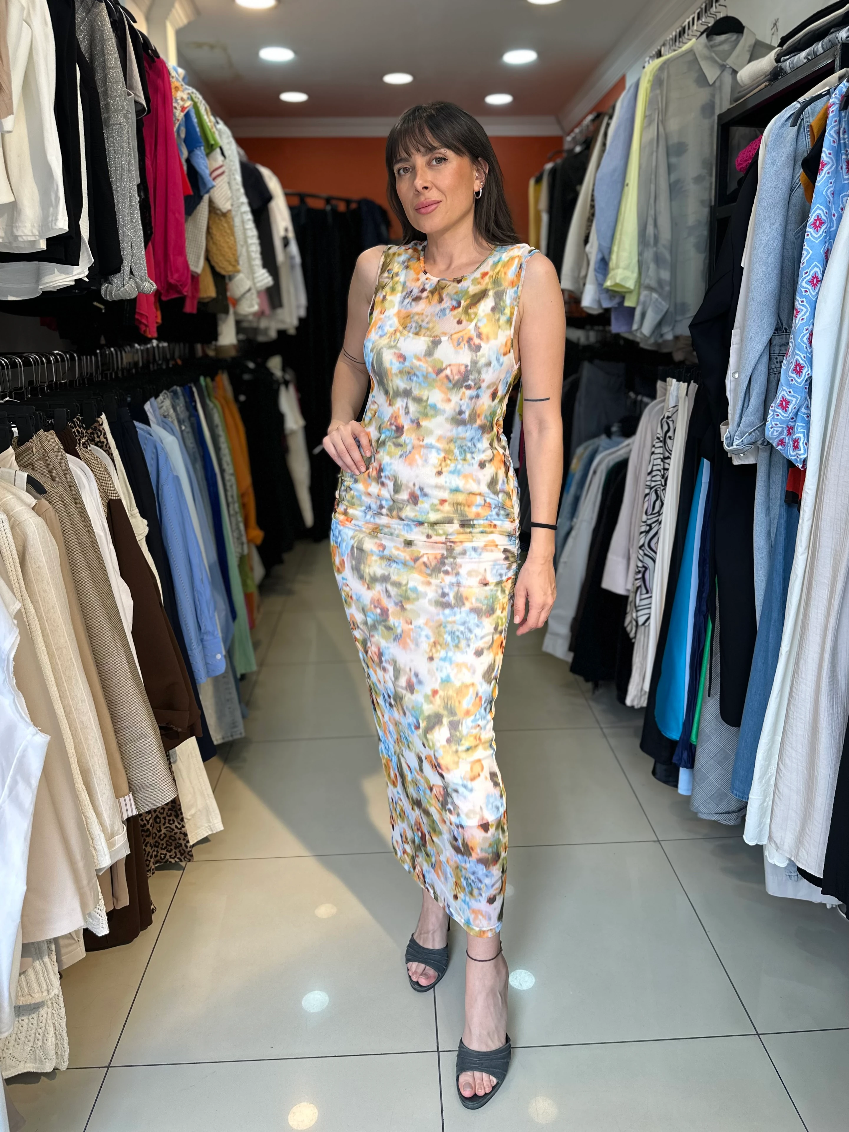 Floral Desenli Uzun Elbise 