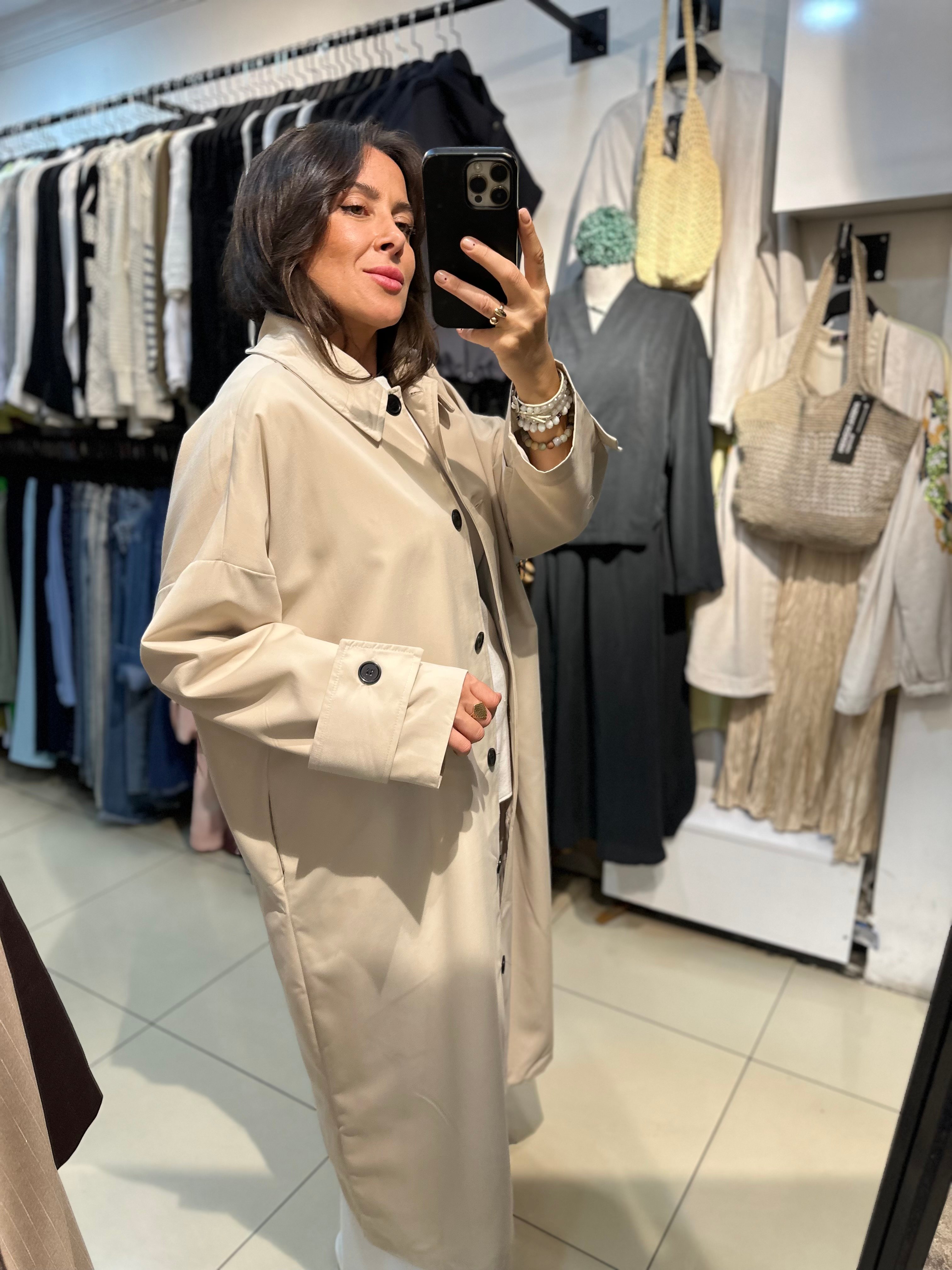 Maksi Boy Bej Renk Düz Model Trençkot