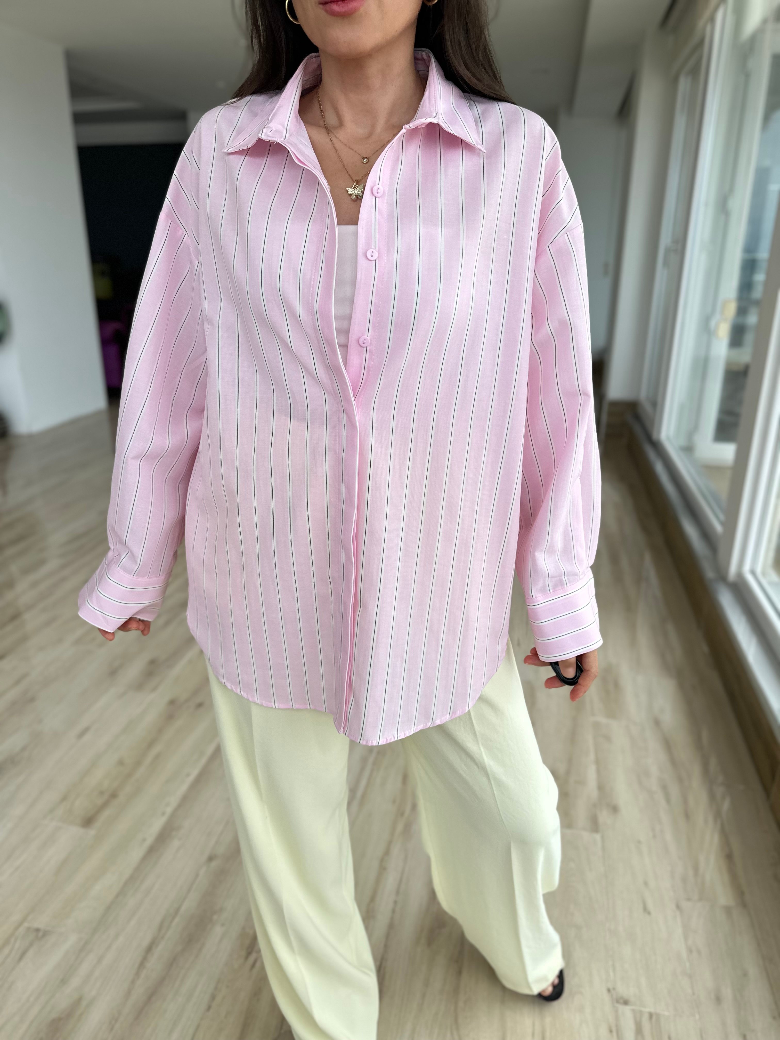 Pembe Renk Çizgili Poplin Gömlek