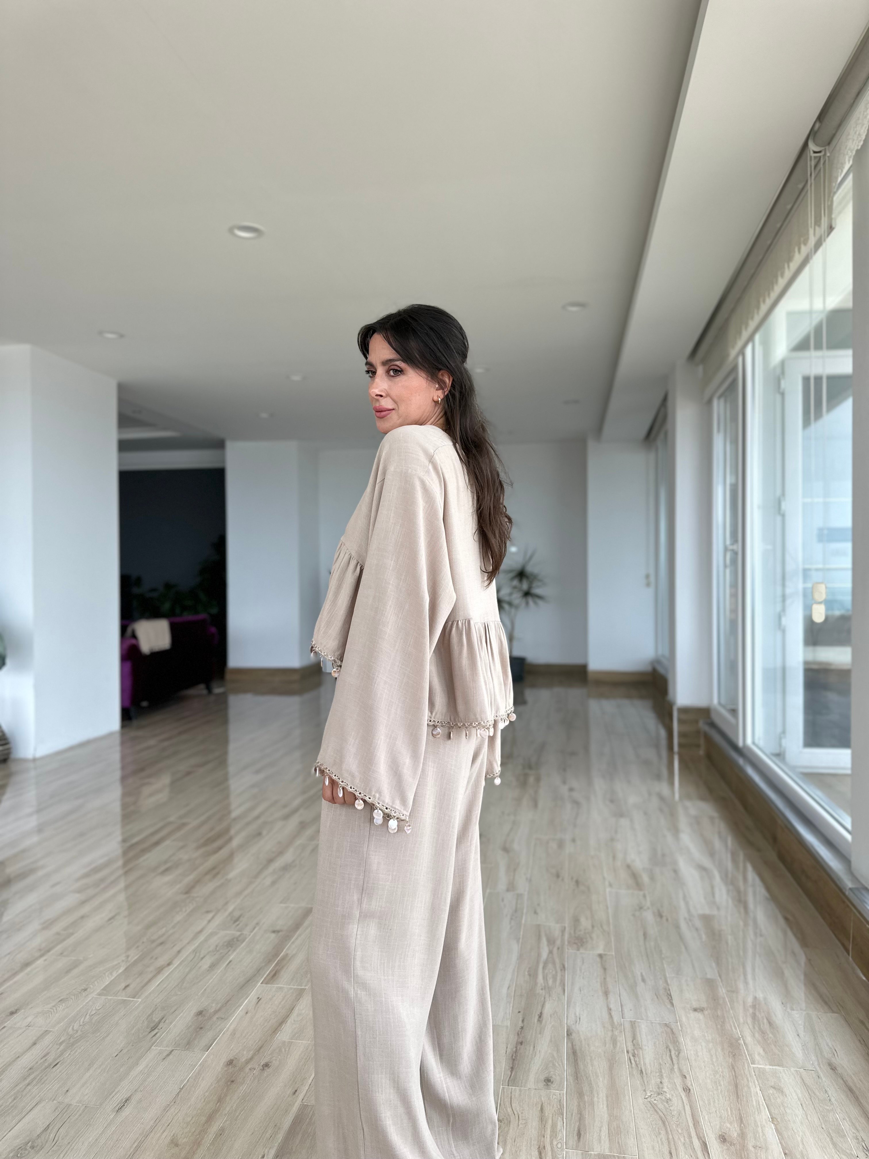 Bej Renk Keten Palazzo Pantolon