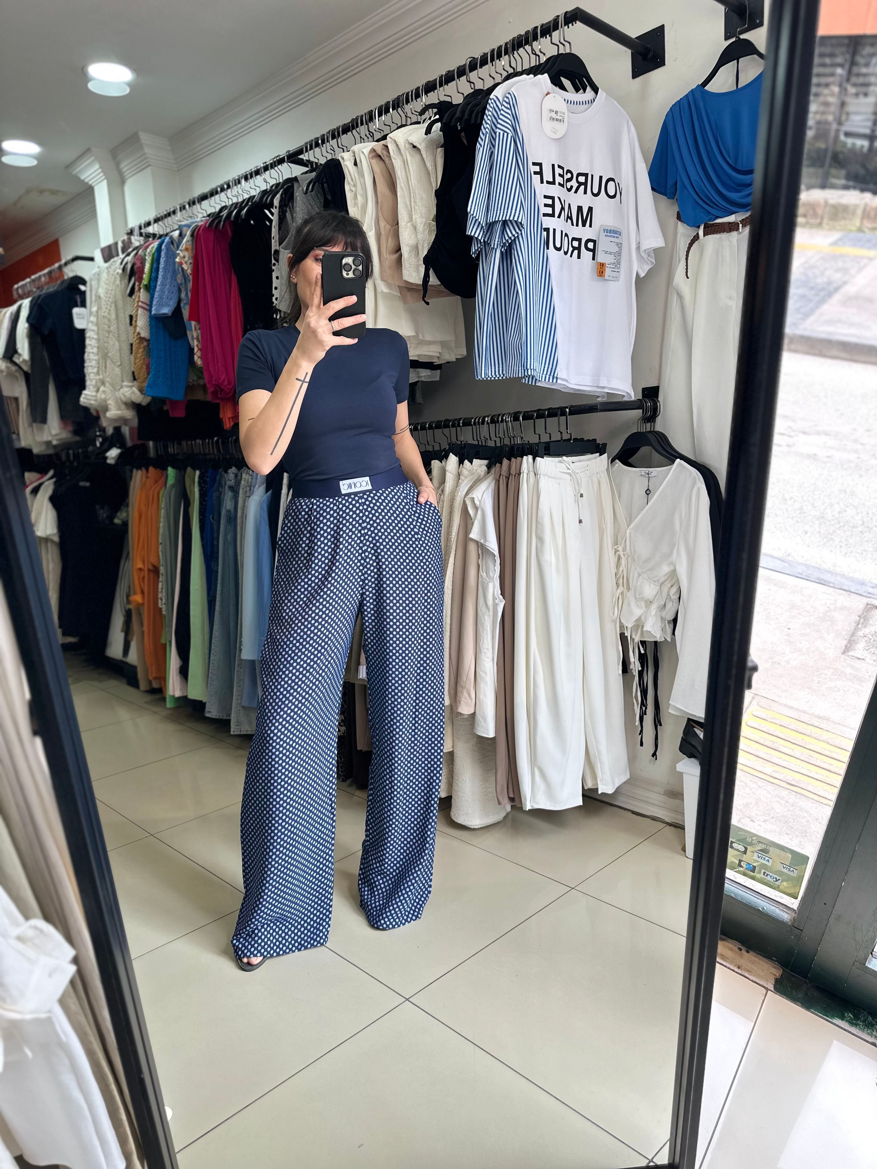 Beli Lastikli Puantiyeli Dökümlü Pantolon