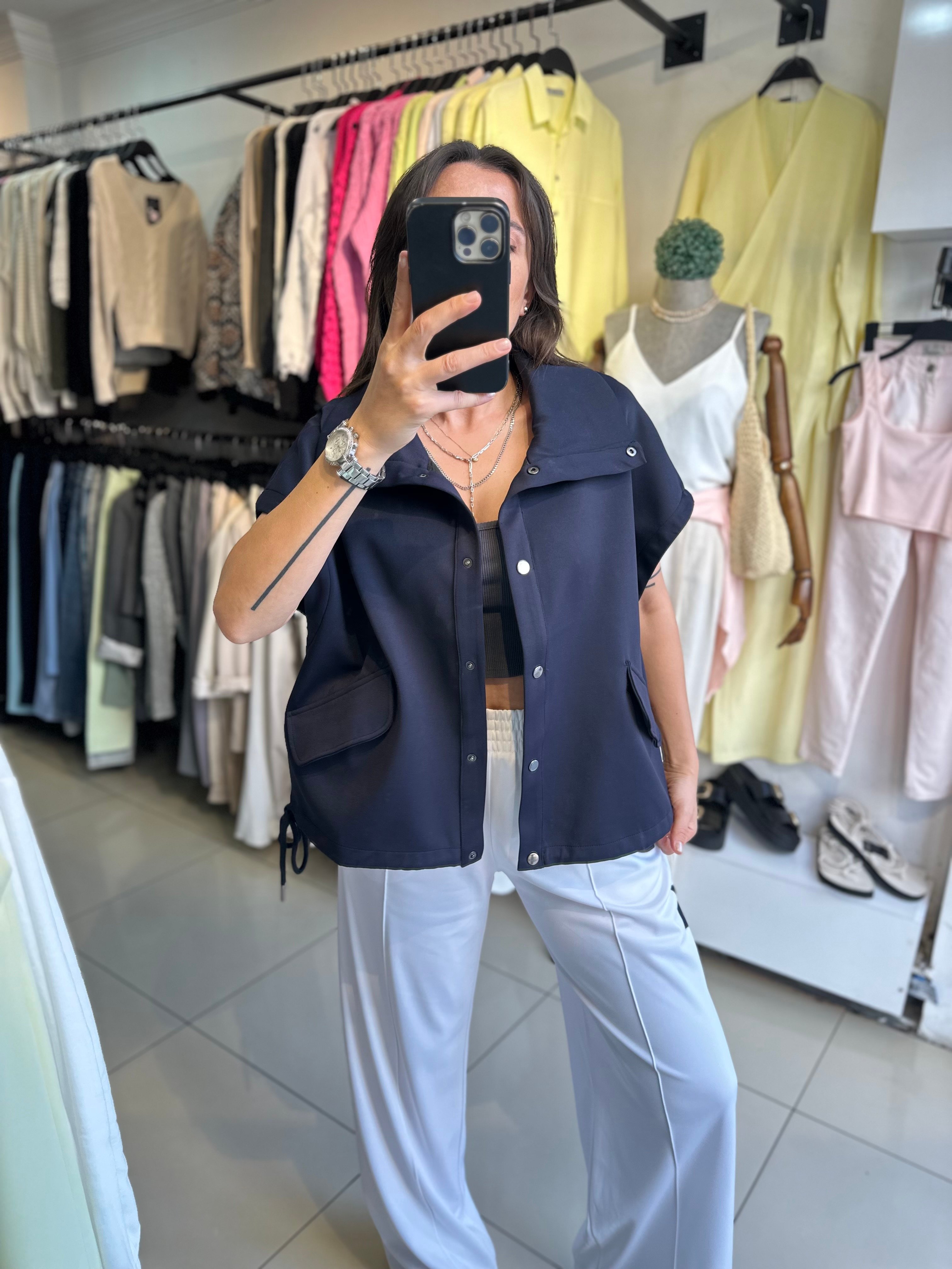 Çıtçıt Düğmeli Cepli Yumuşak Dokulu Oversize Yelek