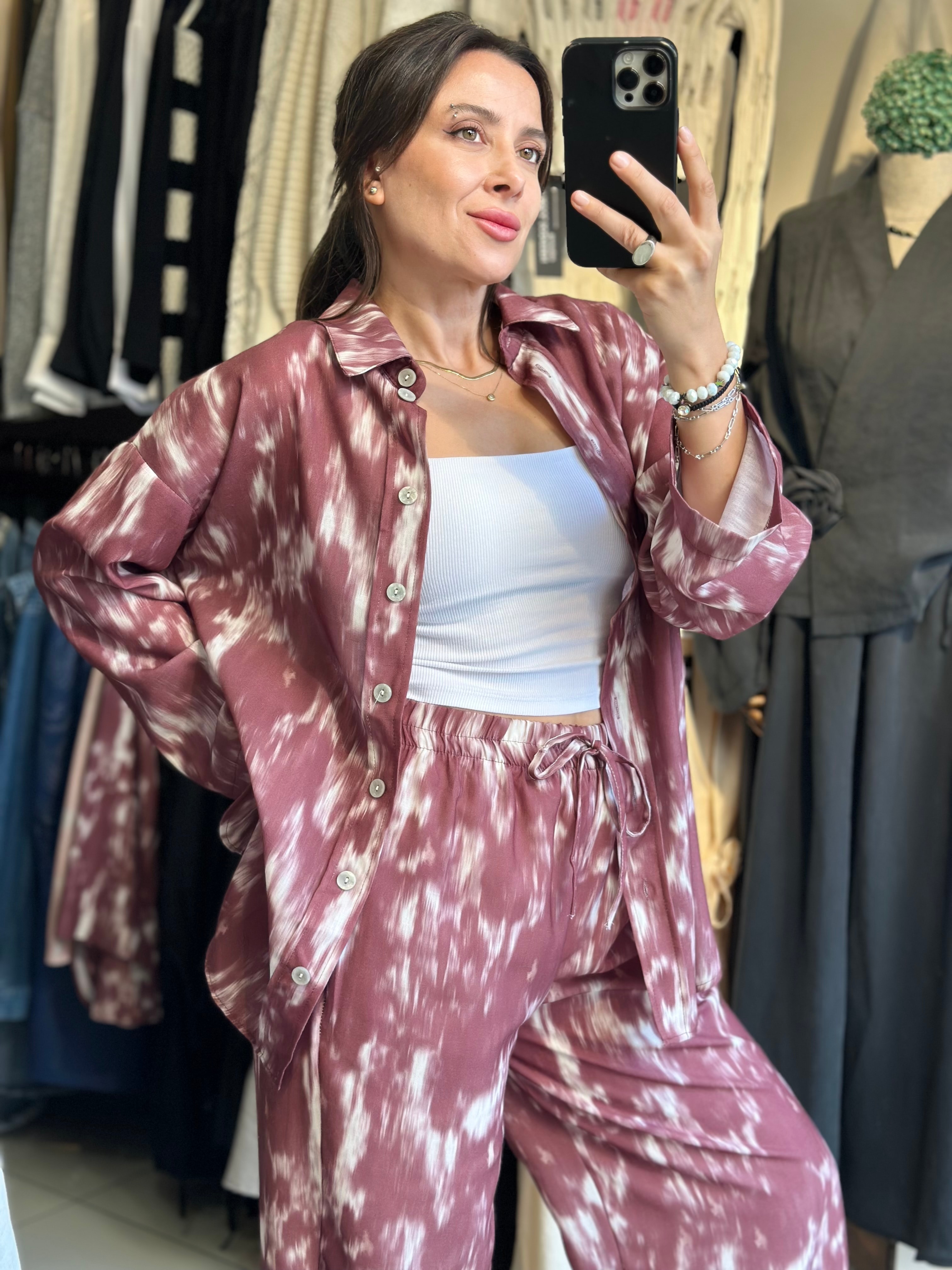 Bordo Batik Desenli Astarlı Pantolon Gömlek Takım