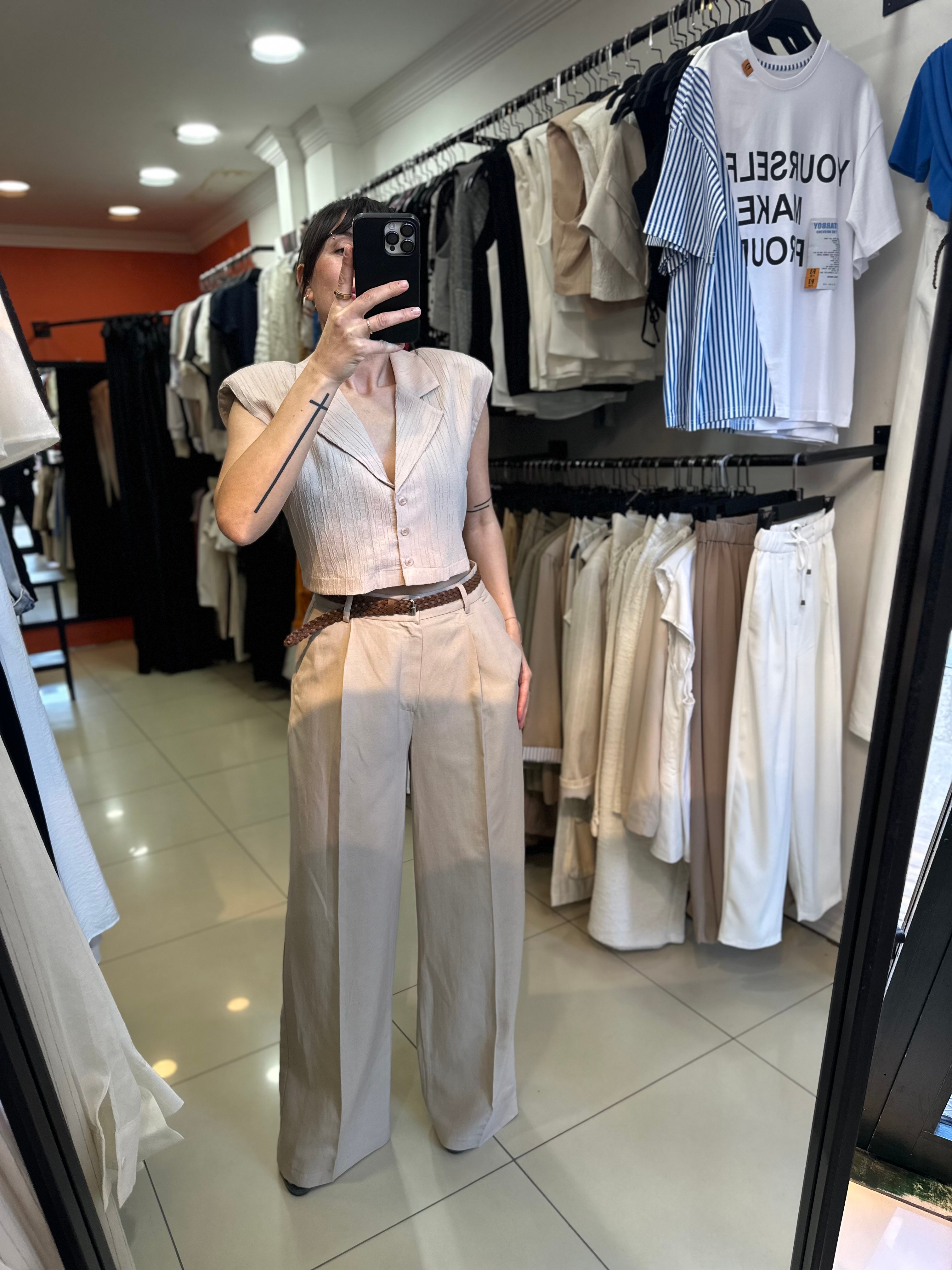 Camel Yüksel Bel Kemerli Keten Pantolon