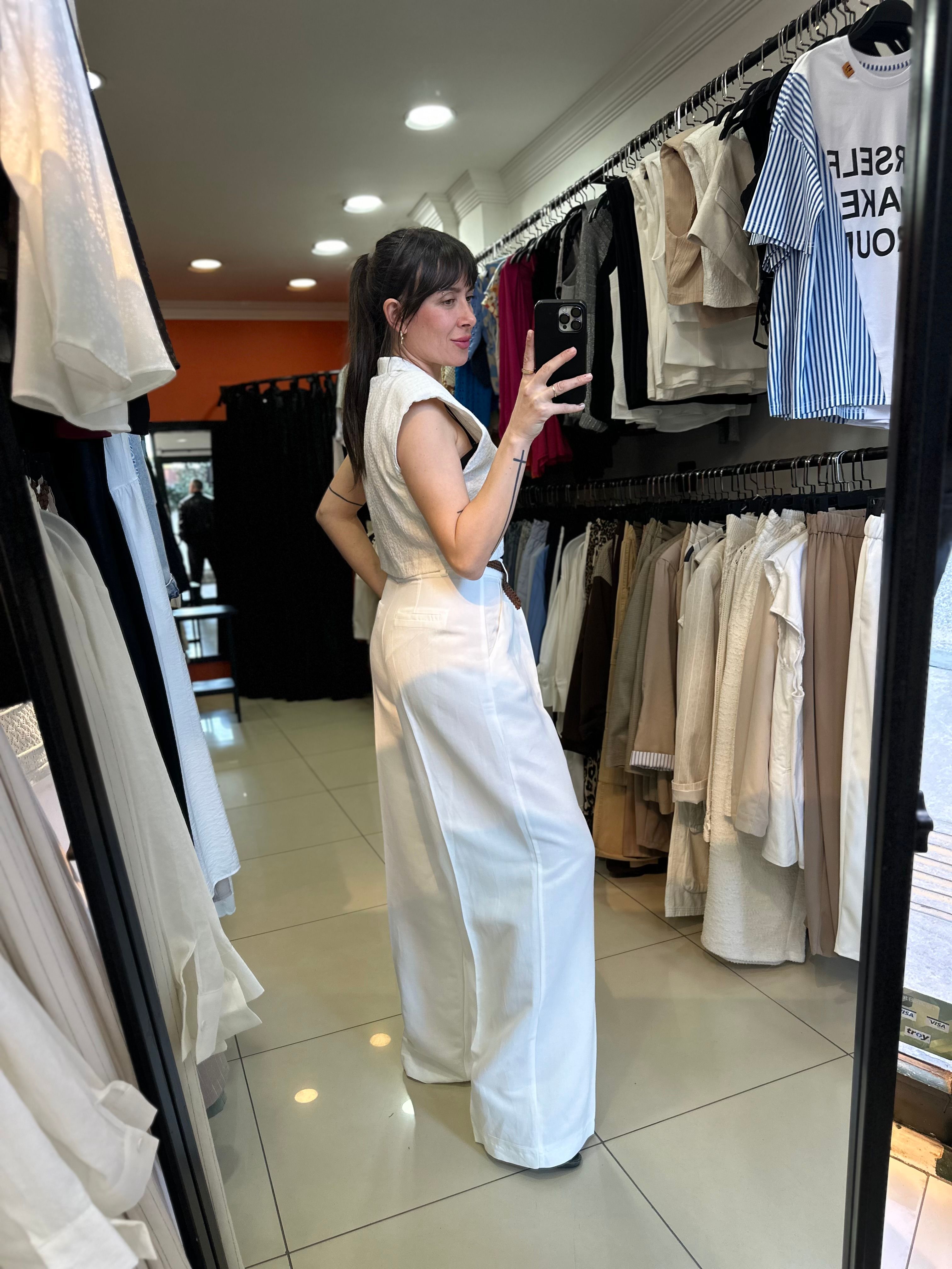 Beyaz Yüksel Bel Kemerli Keten Pantolon
