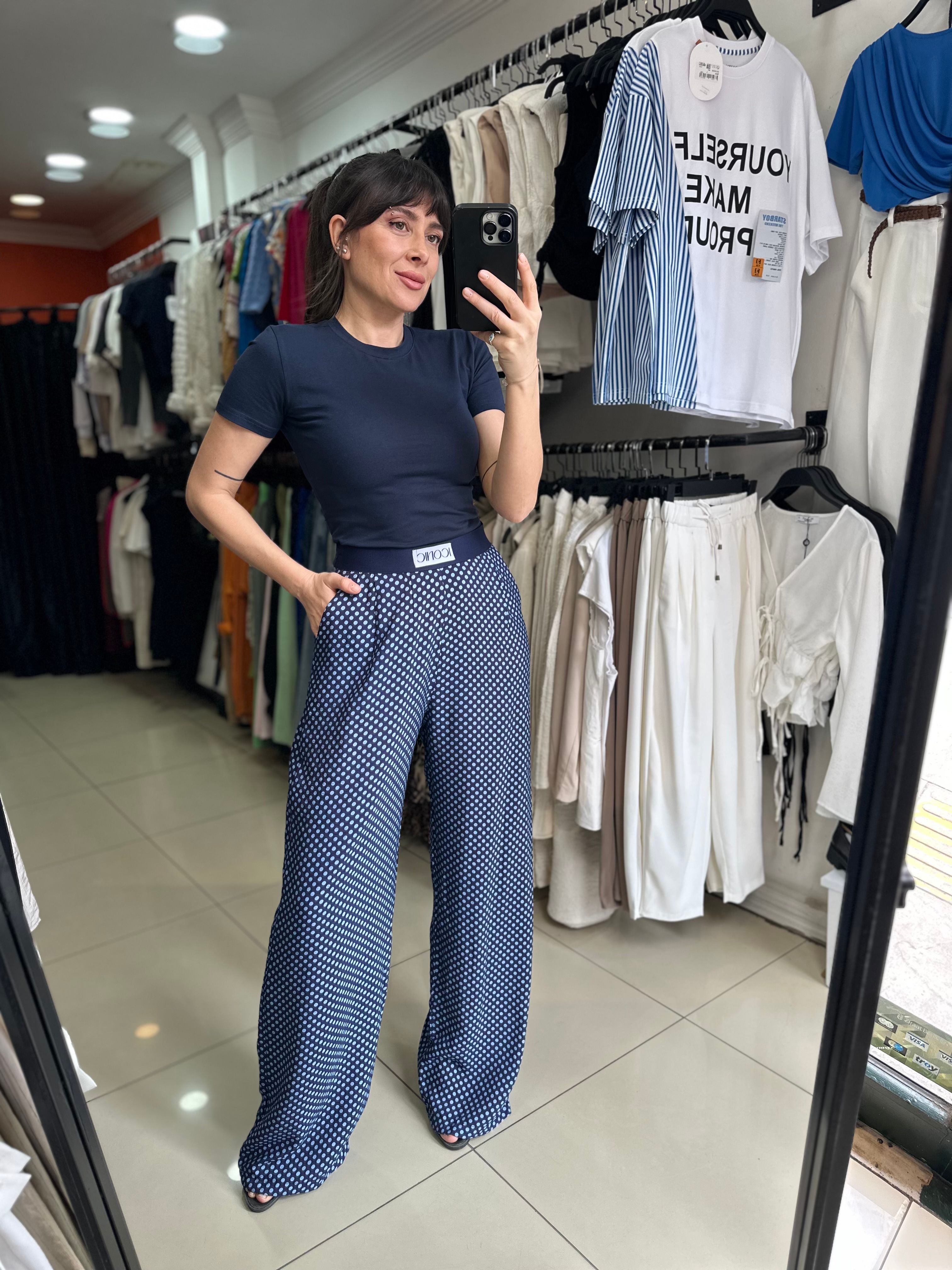 Beli Lastikli Puantiyeli Dökümlü Pantolon
