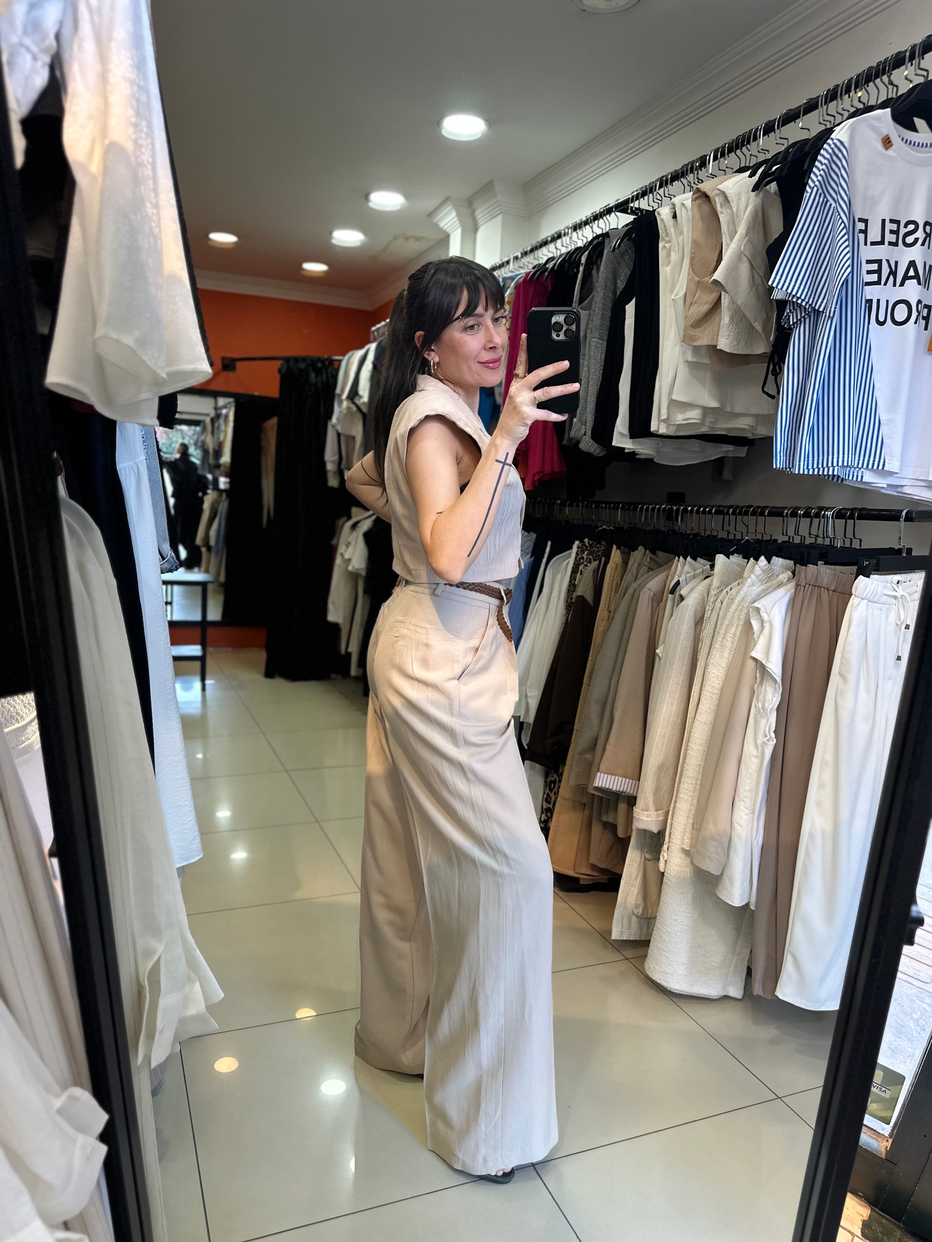 Camel Yüksel Bel Kemerli Keten Pantolon