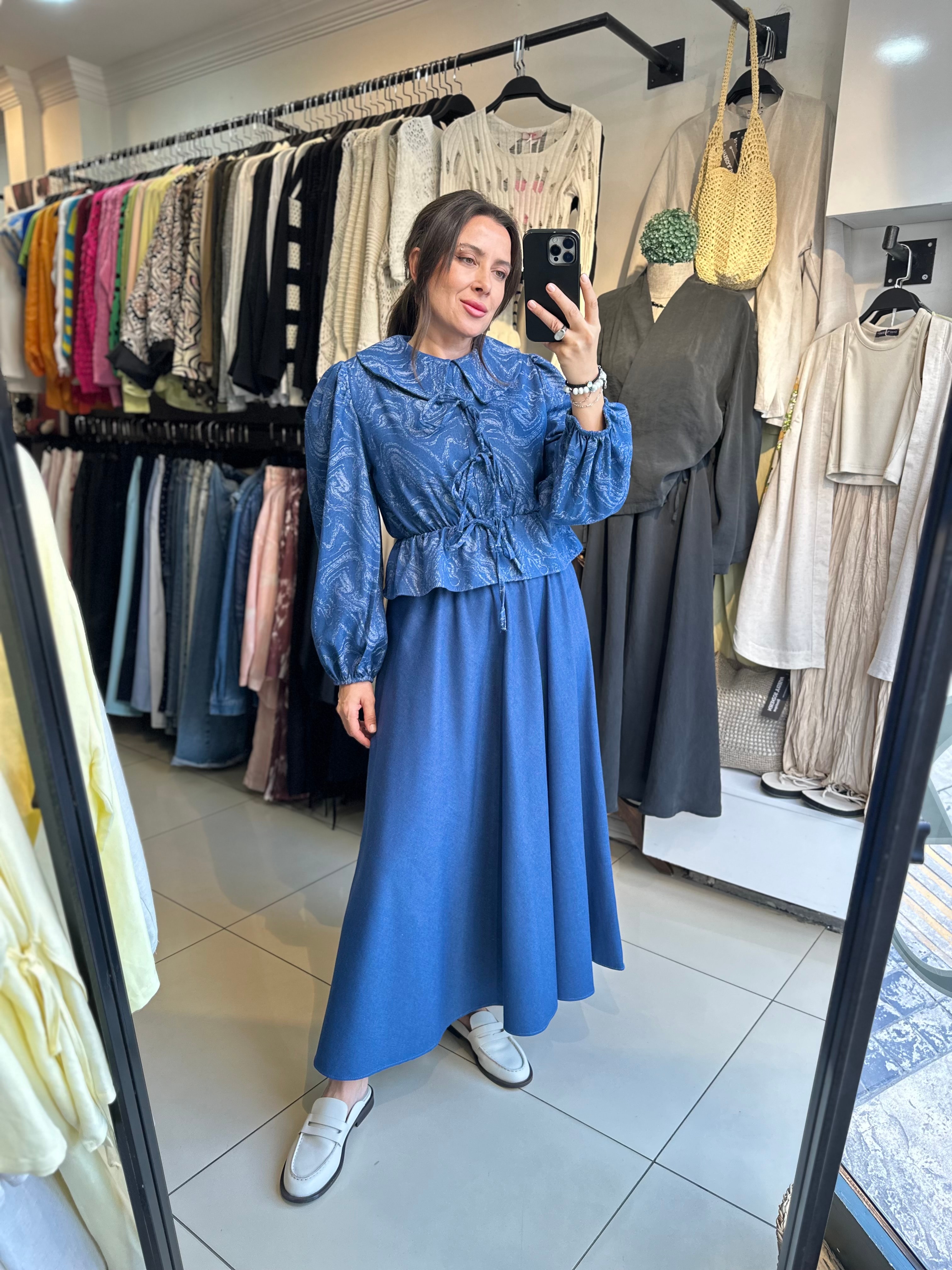 Denim Efektli Bluz Etek Takım