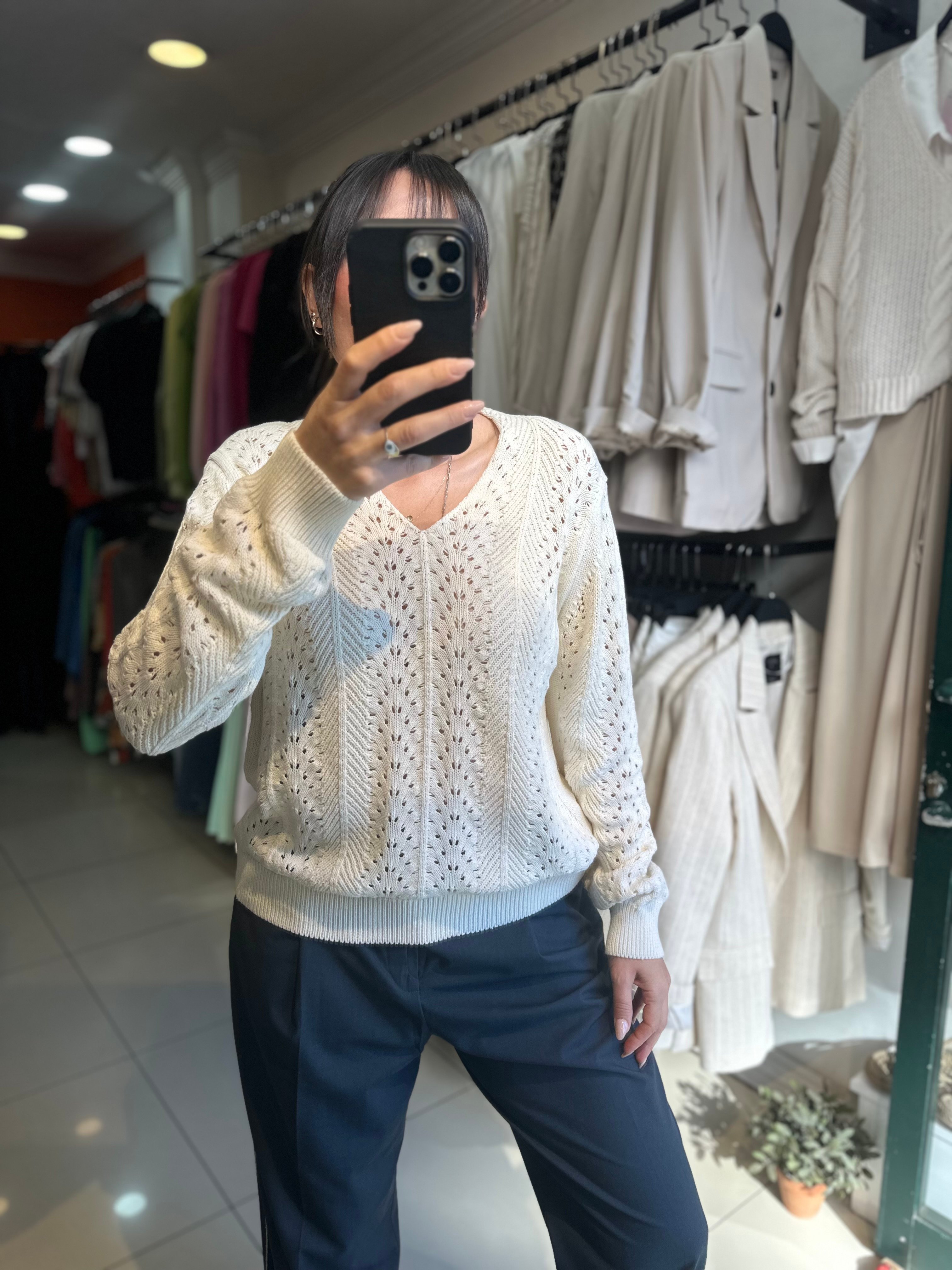 Örme Bej Kroşe Triko Kazak