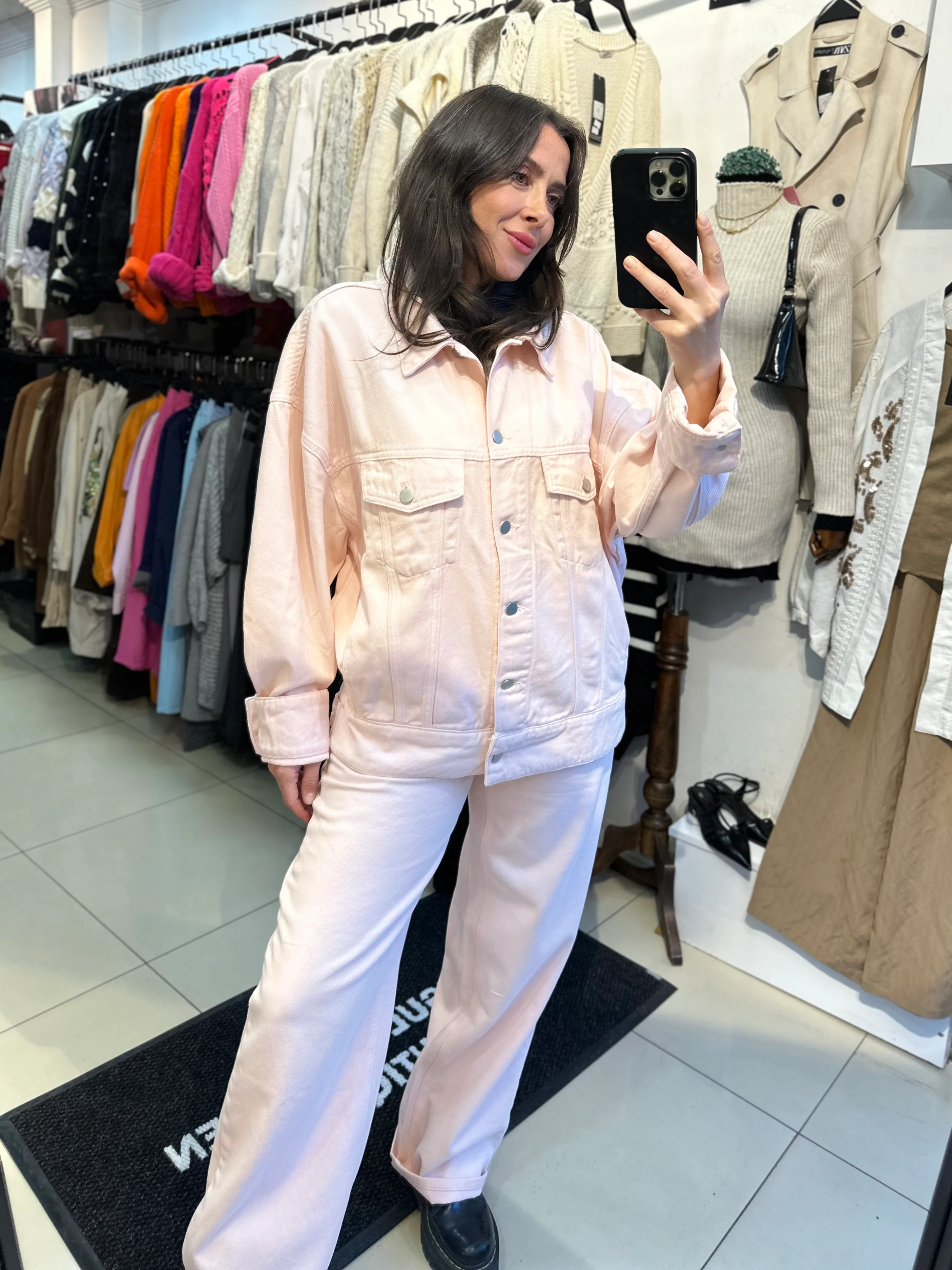 Uçuk Pembe Wide Leg Denim Pantolon