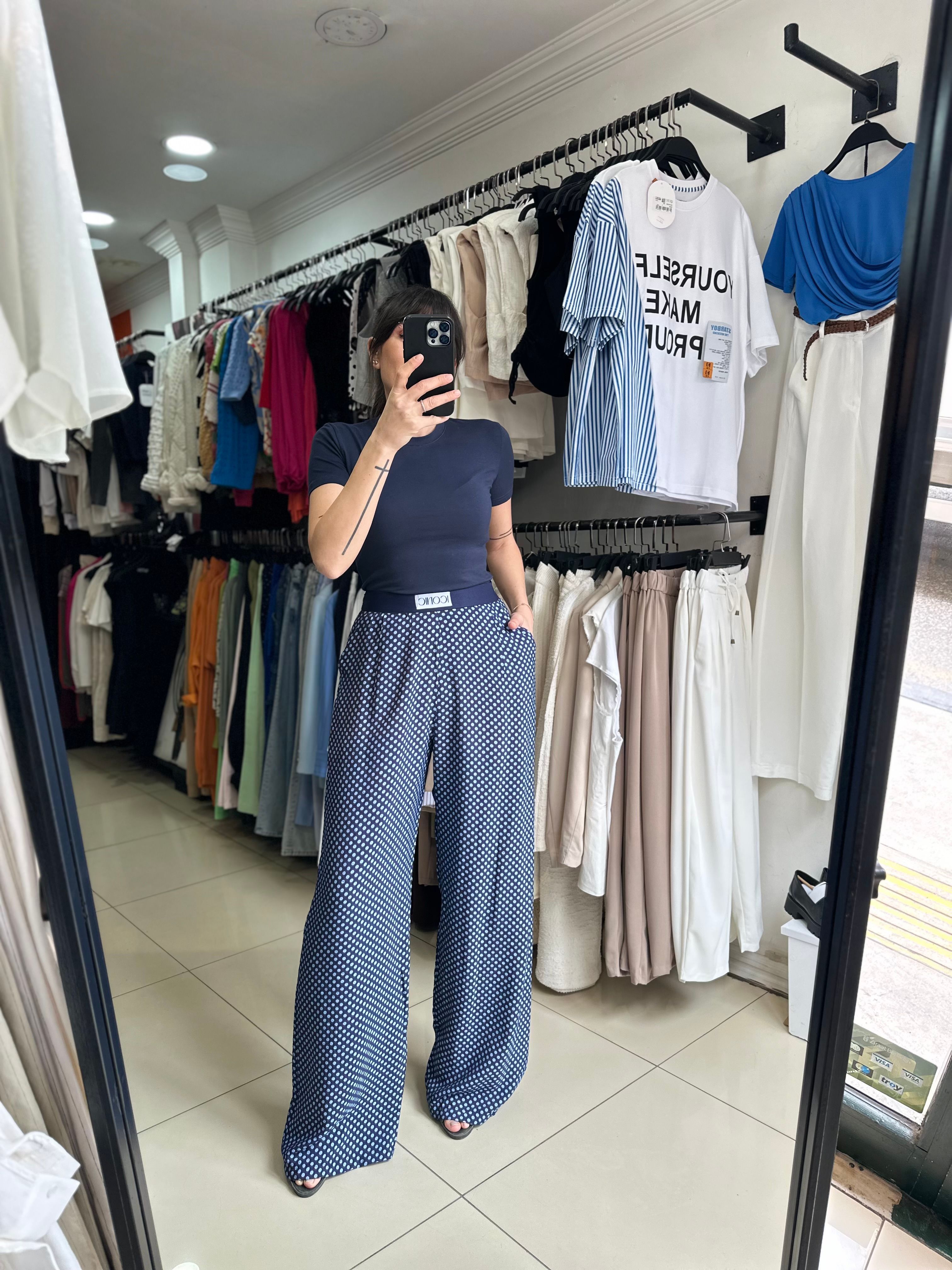 Beli Lastikli Puantiyeli Dökümlü Pantolon