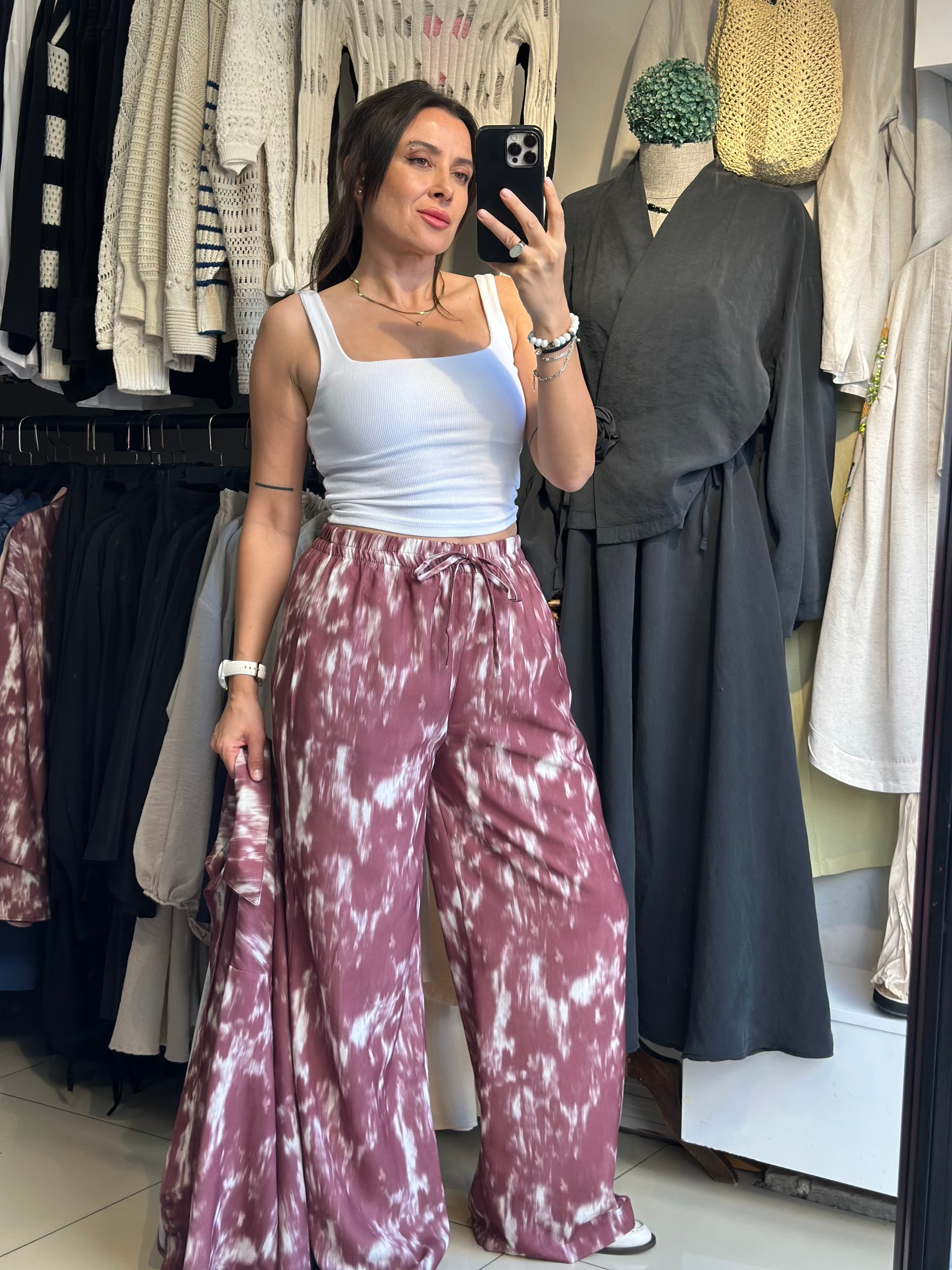 Bordo Batik Desenli Astarlı Pantolon Gömlek Takım