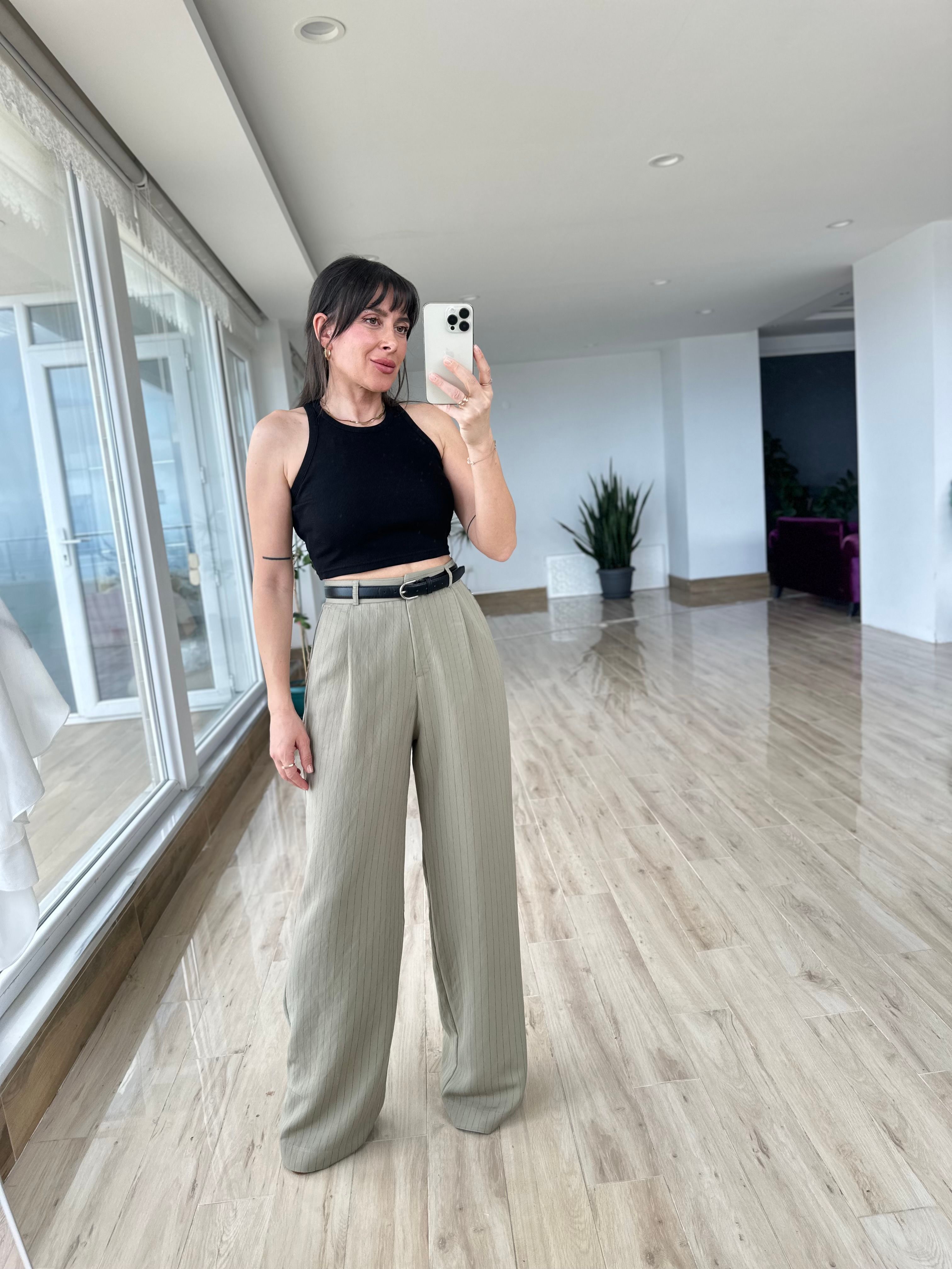 Haki Renk Yüksek Bel Palazzo Pantolon
