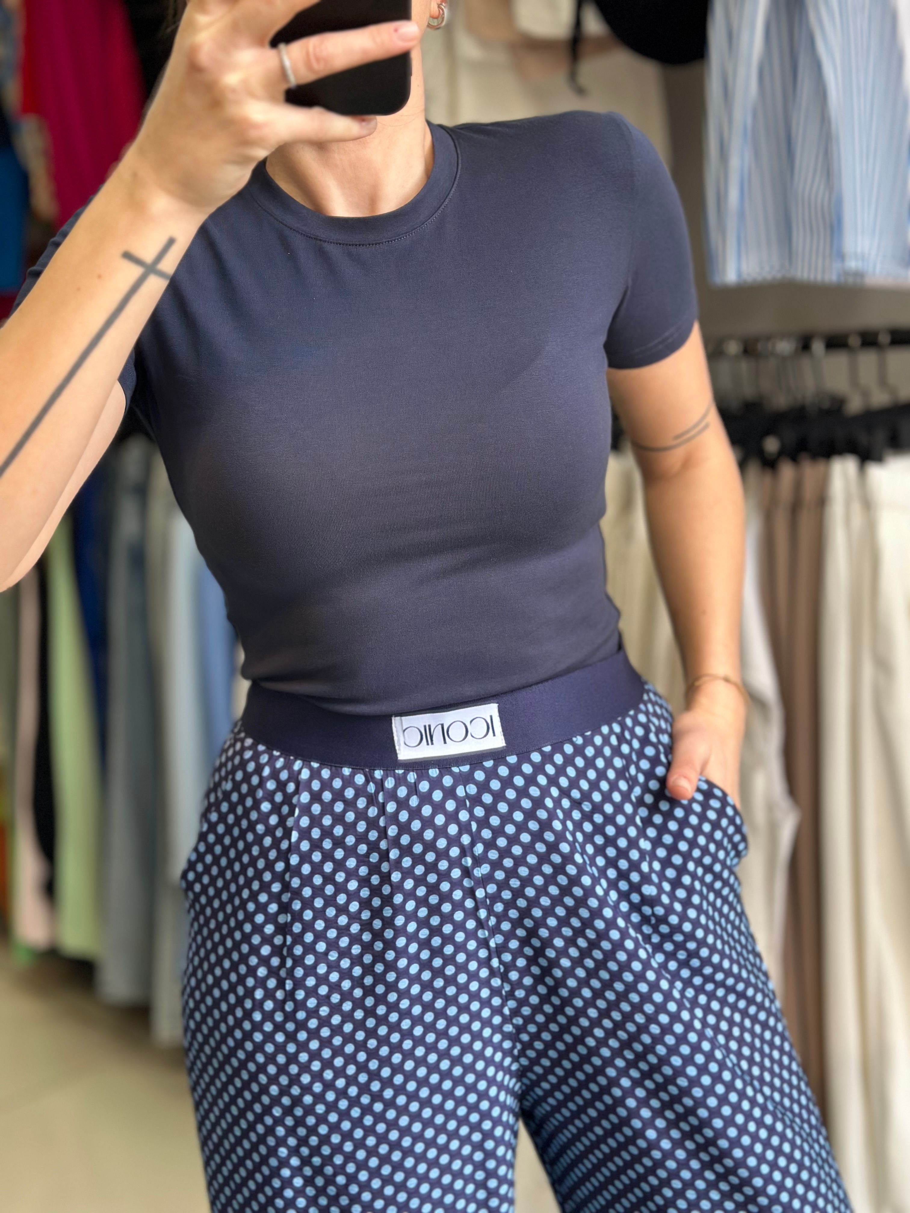 Beli Lastikli Puantiyeli Dökümlü Pantolon