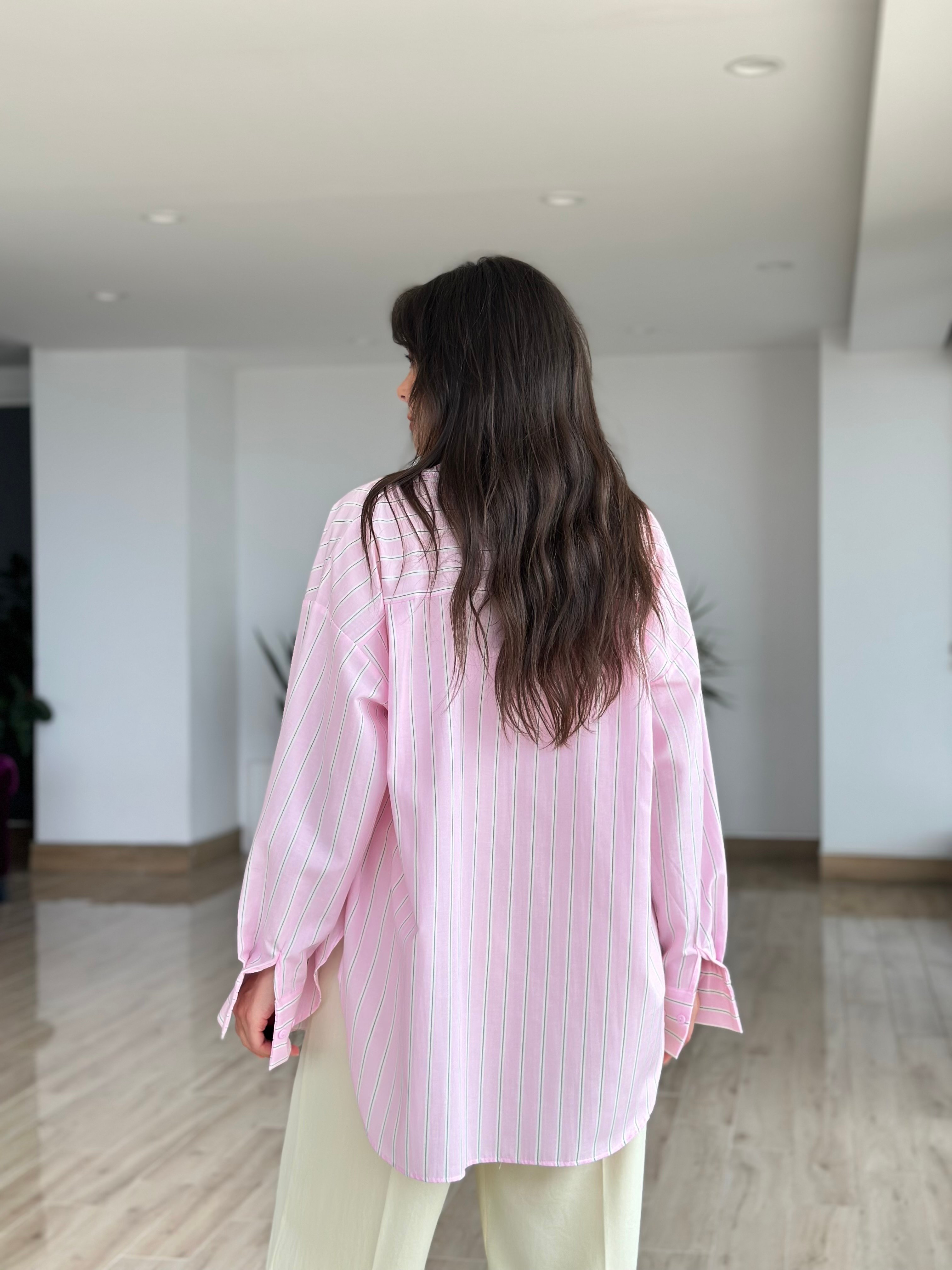 Pembe Renk Çizgili Poplin Gömlek