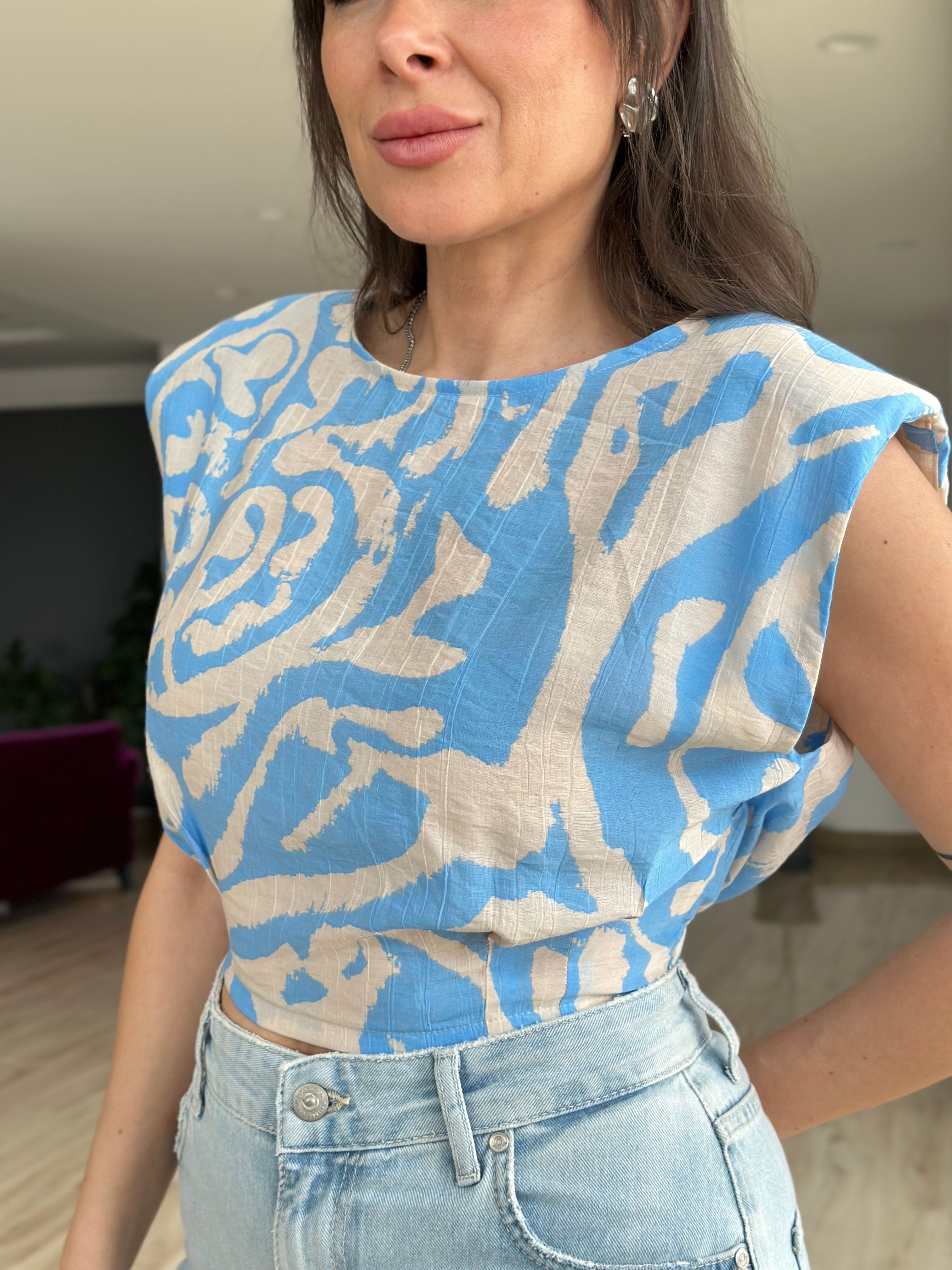 Vatkalı Mavi Crop Bluz 