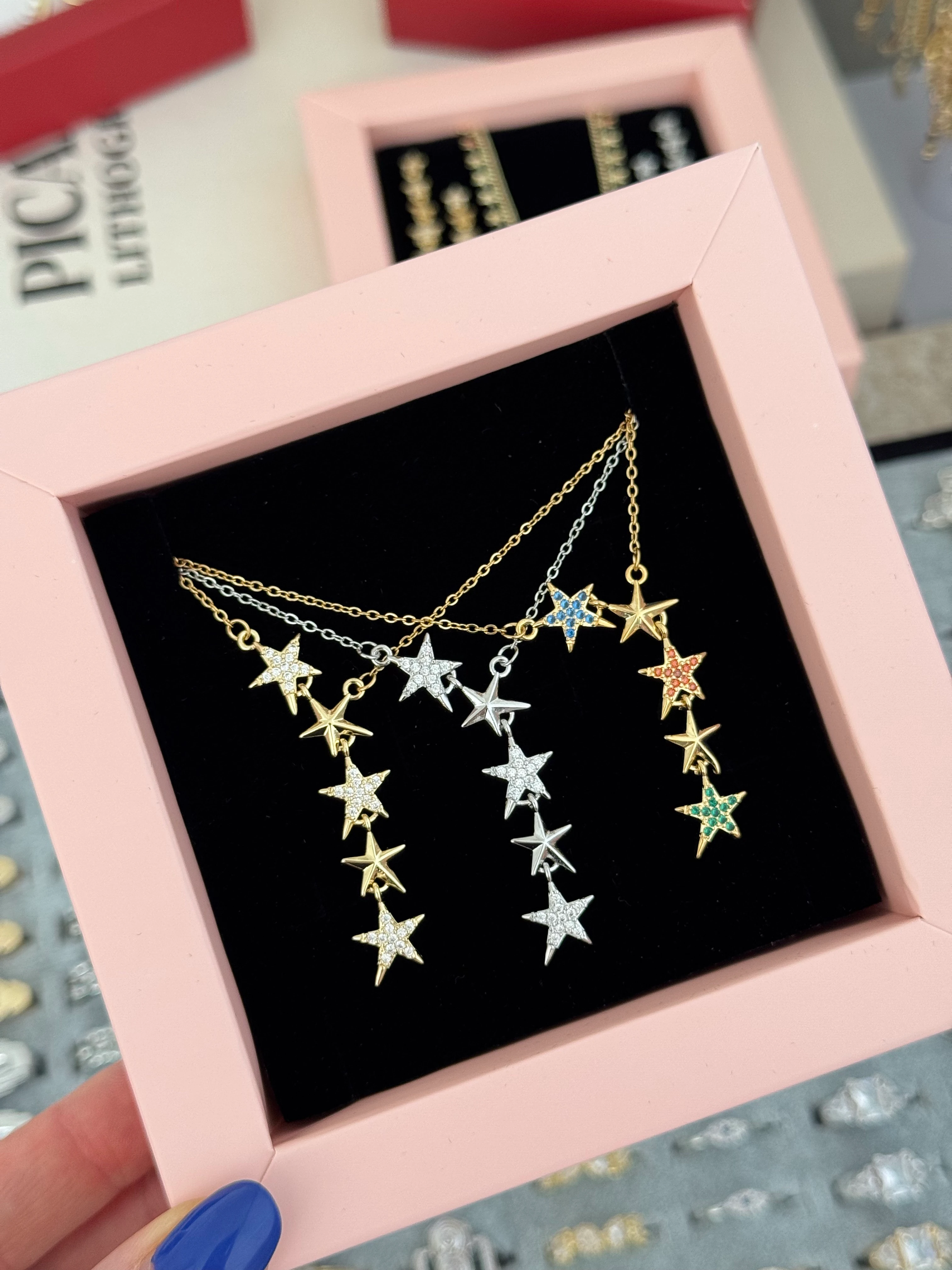 Çelik | Silver Taşlı yıldızlar kolye 