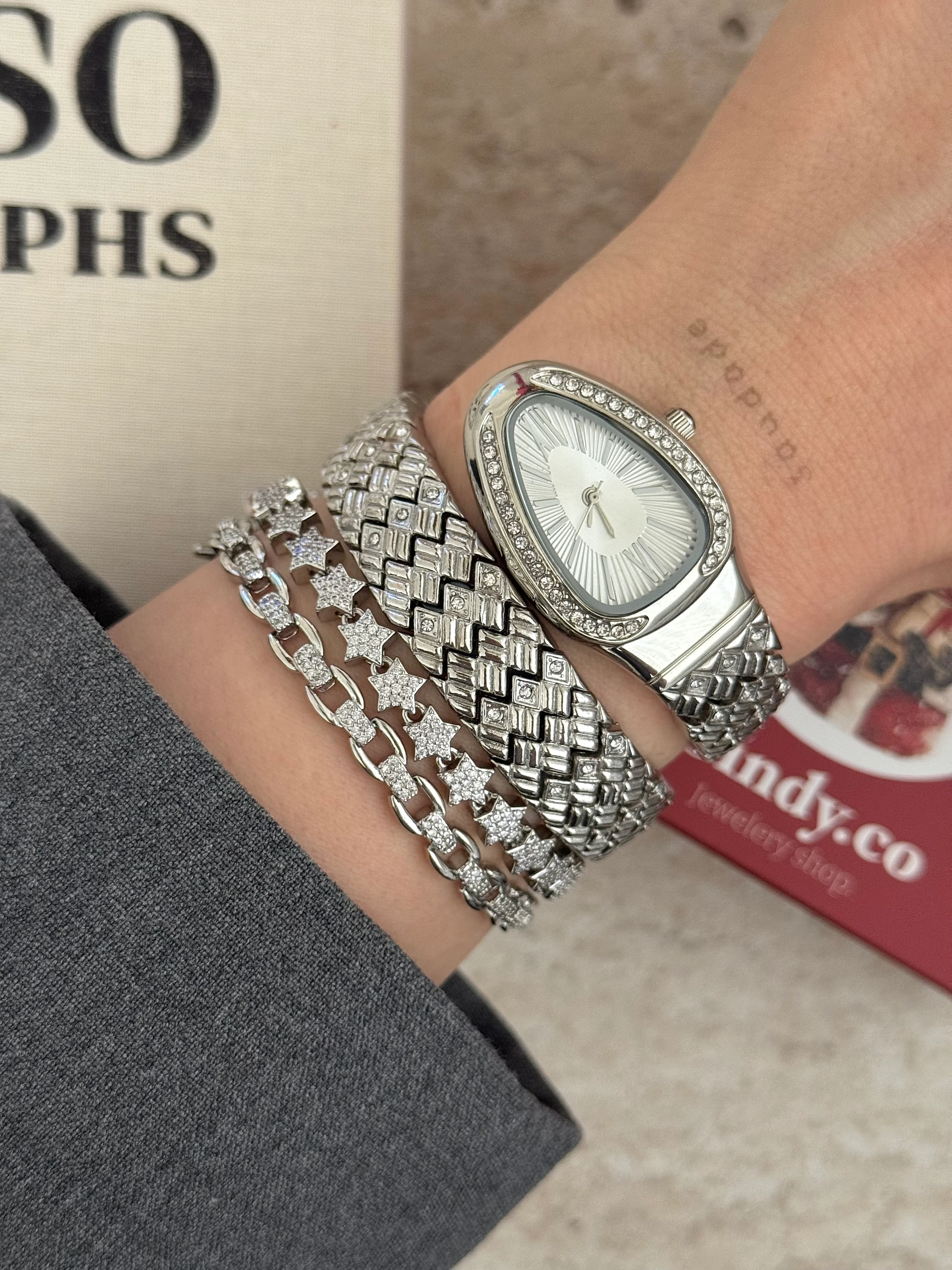 Taşlı Silver yılan dolama saat