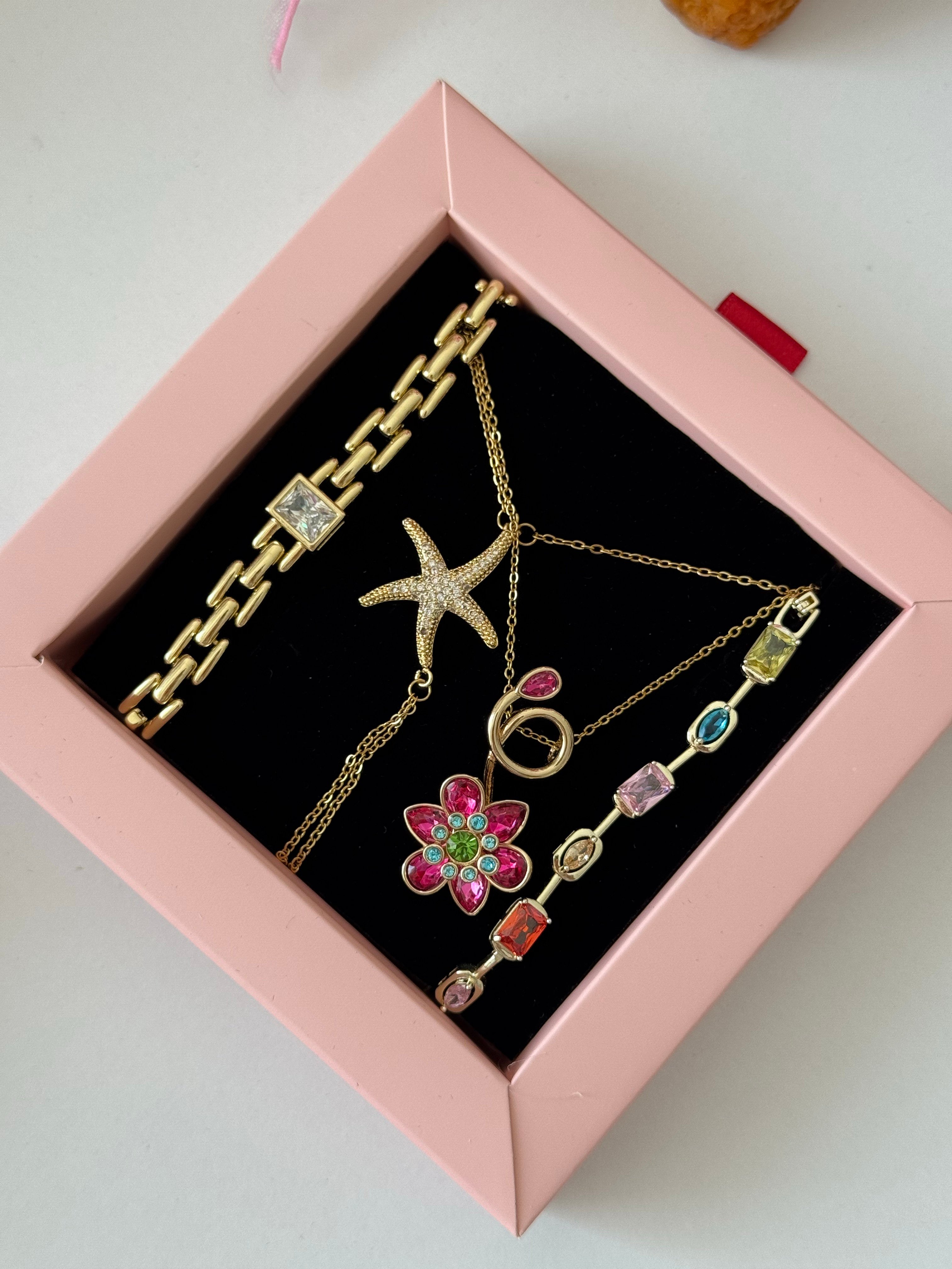 Çelik | Swarovski muadili gold pembe çiçek ldyllia kolye