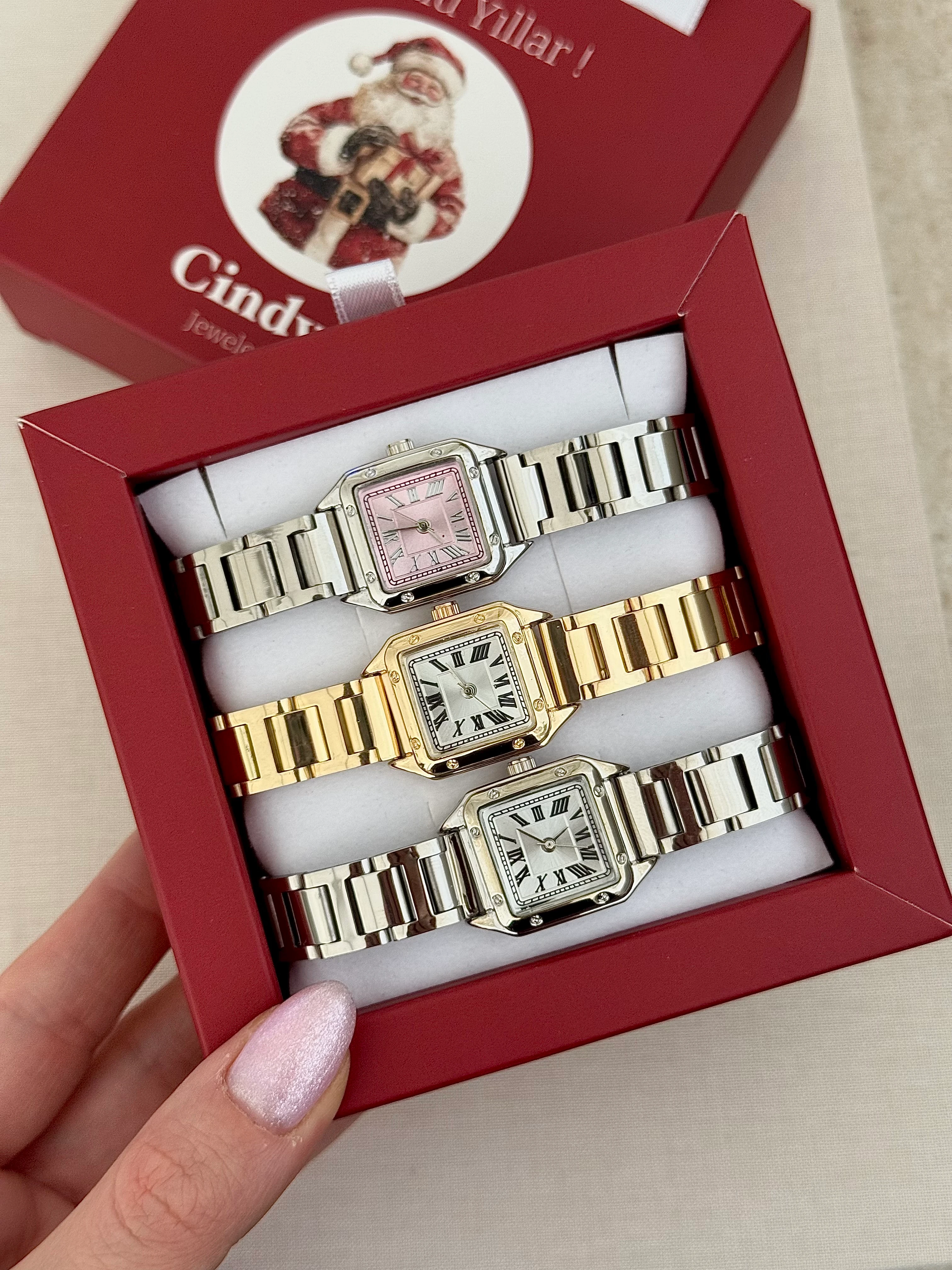 Gold - Beyaz kare vintage saat 