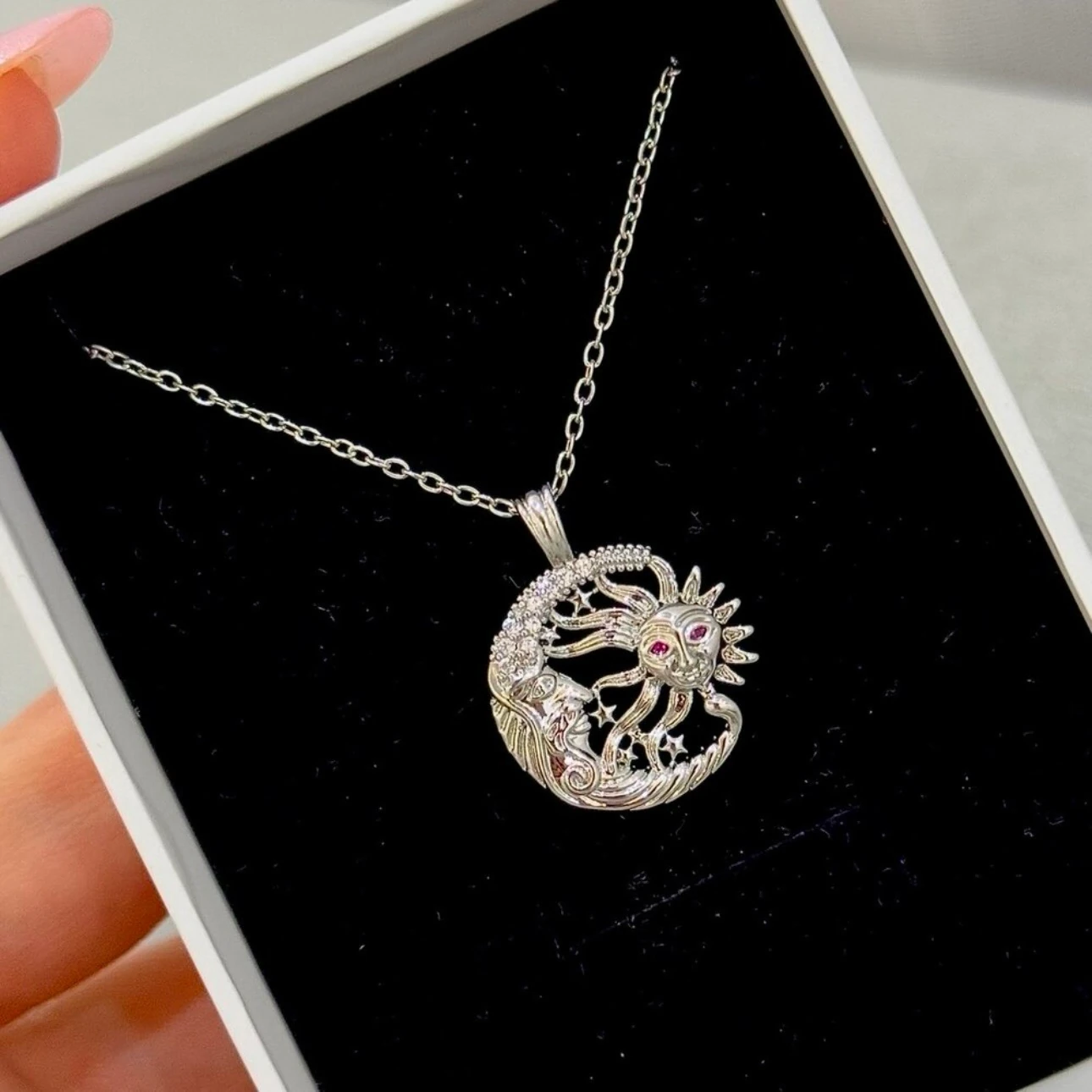 Çelik ay güneş bohem kolye 