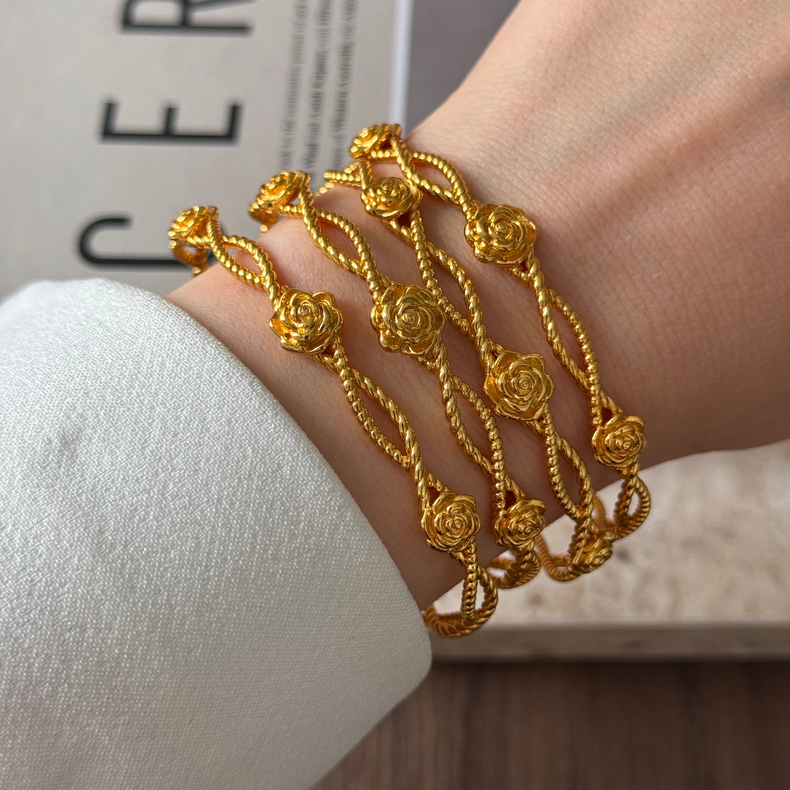 24k vintage gül motifli bileklik 