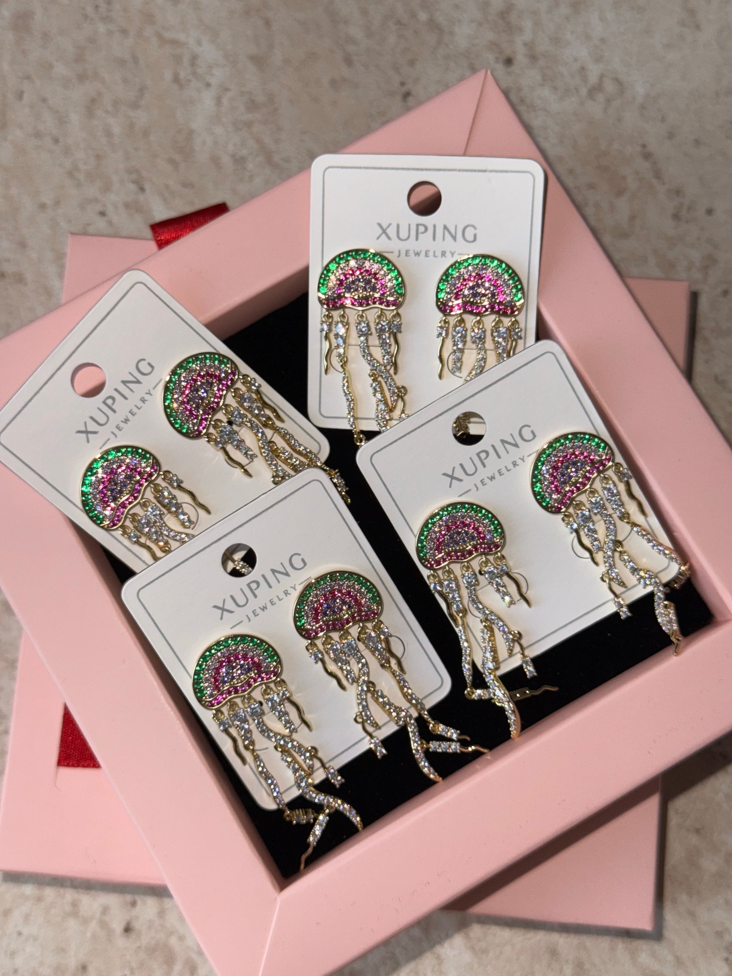 Çelik | Renkli taşlı jellyfish küpe