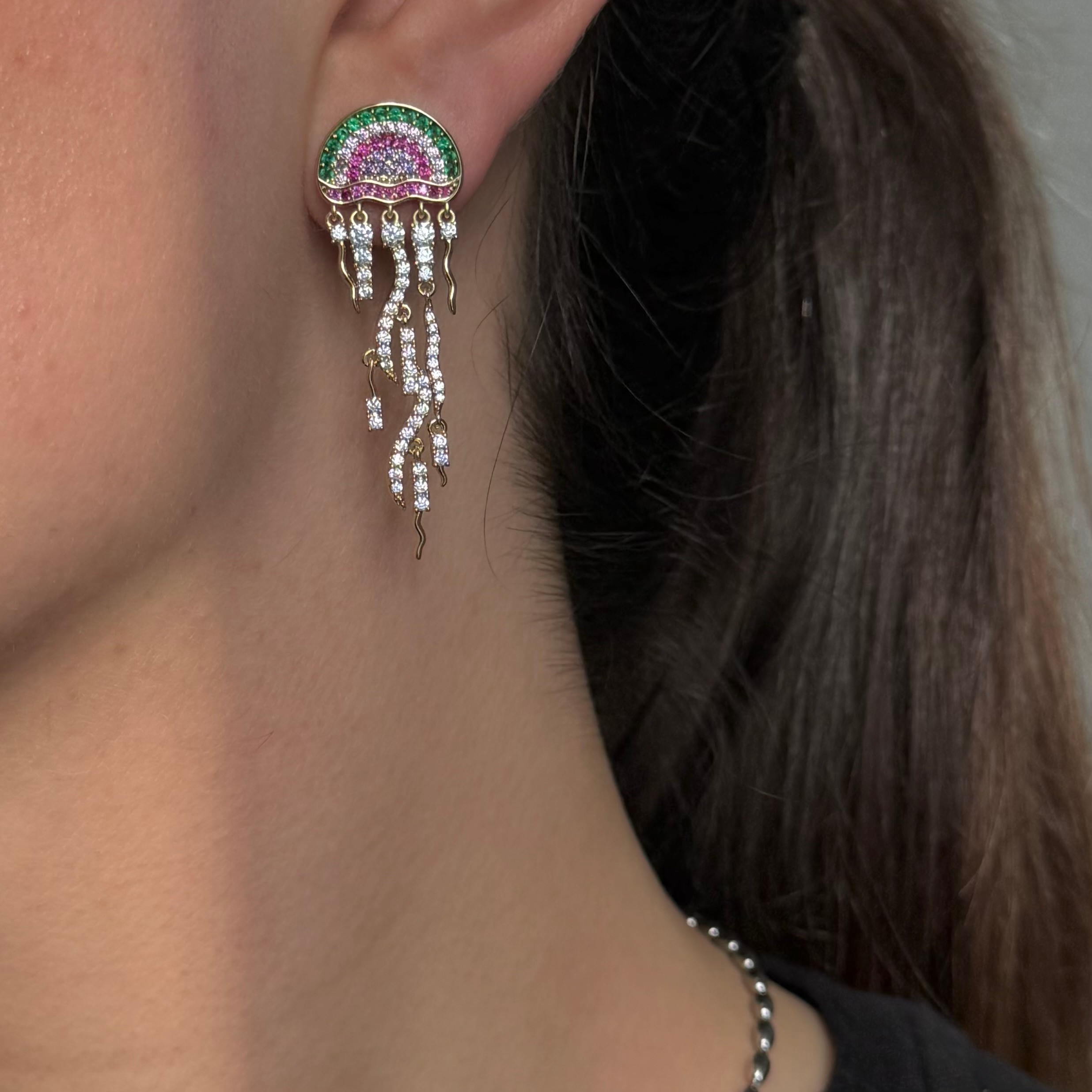 Çelik | Renkli taşlı jellyfish küpe