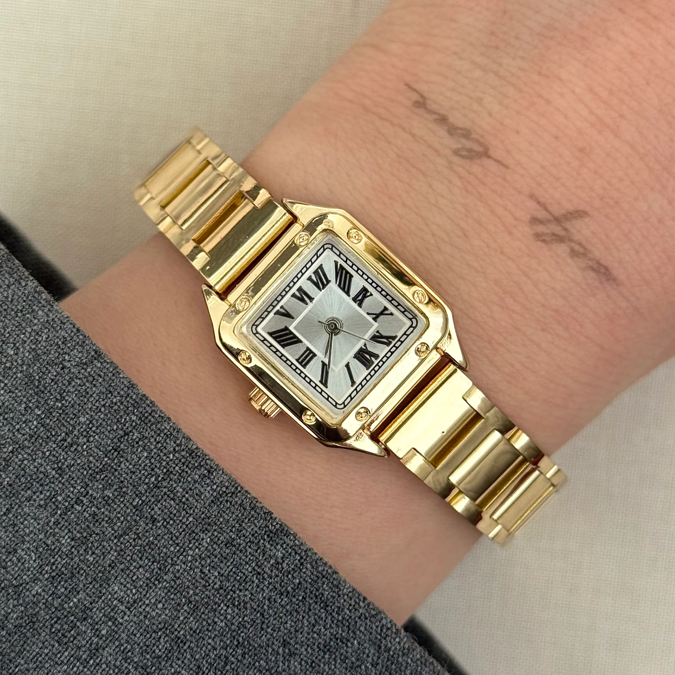 Gold - Beyaz kare vintage saat 