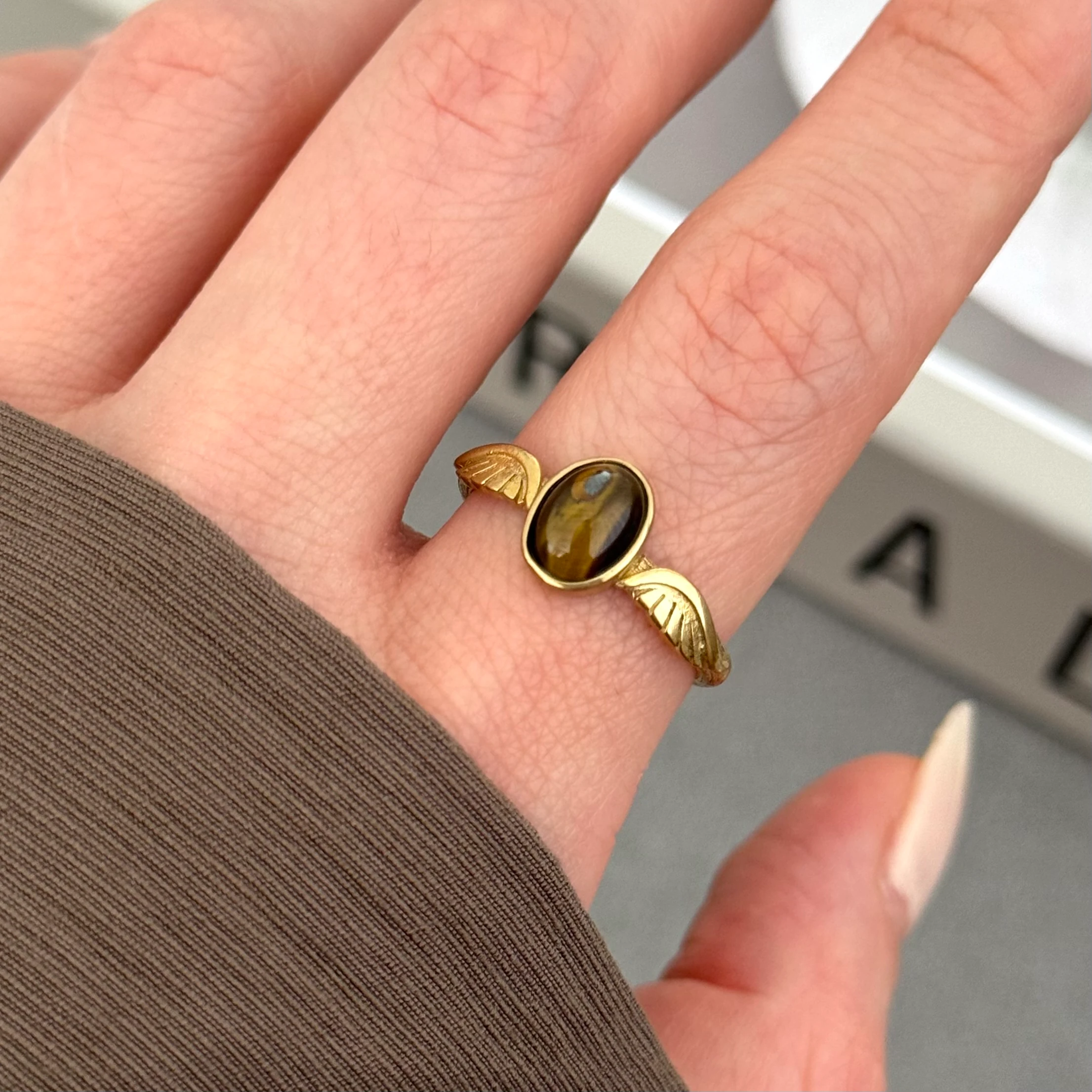 Vintage saf pirinç orijinal kaplangözü taşı yüzük 