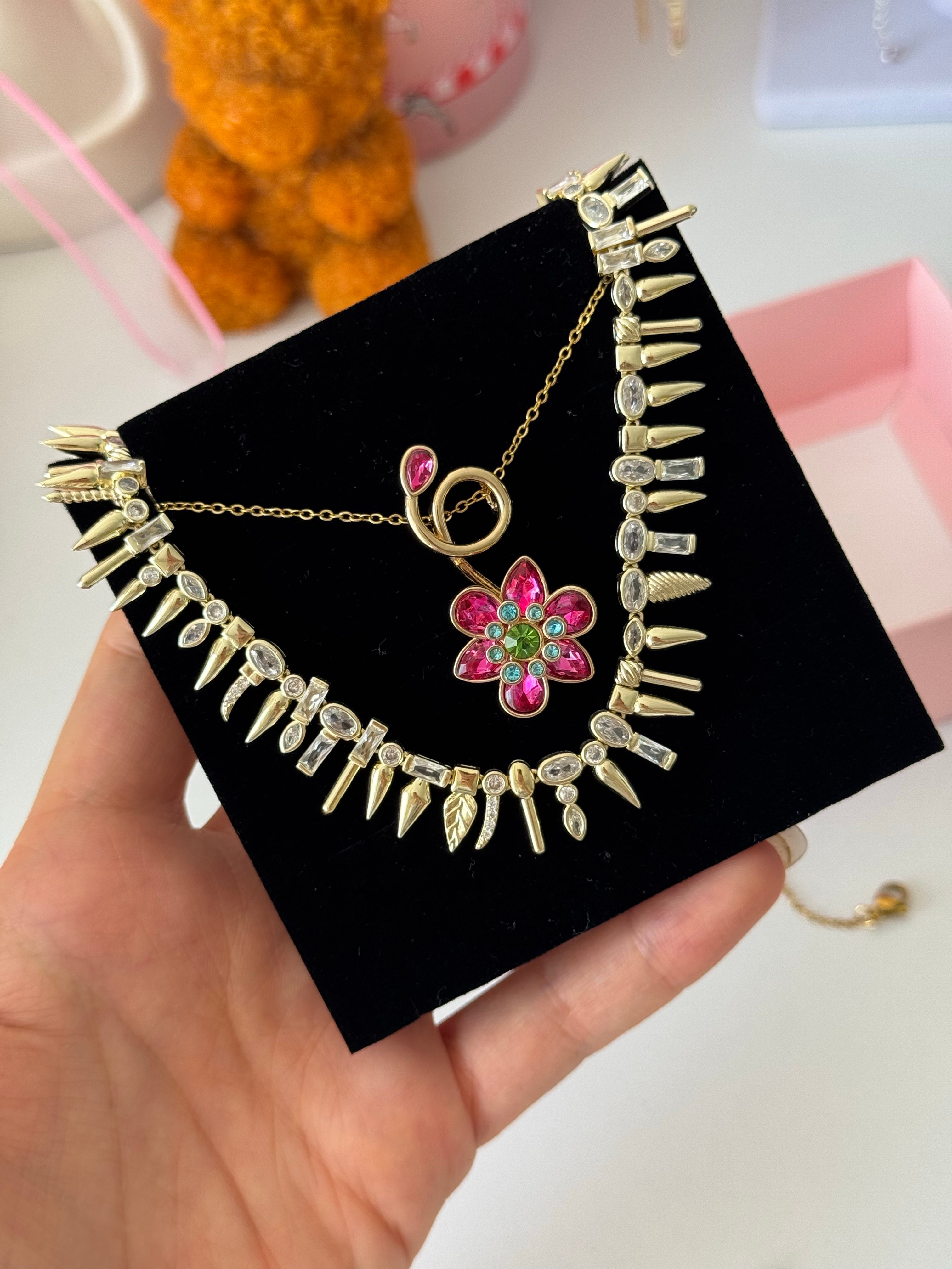 Çelik | Swarovski muadili gold pembe çiçek ldyllia kolye