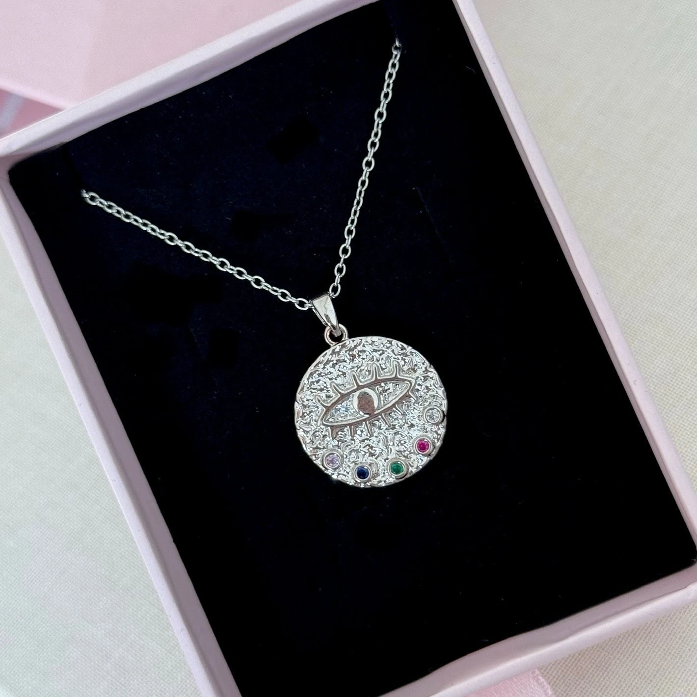 Çelik | Renkli taşlı silver vintage kolye 