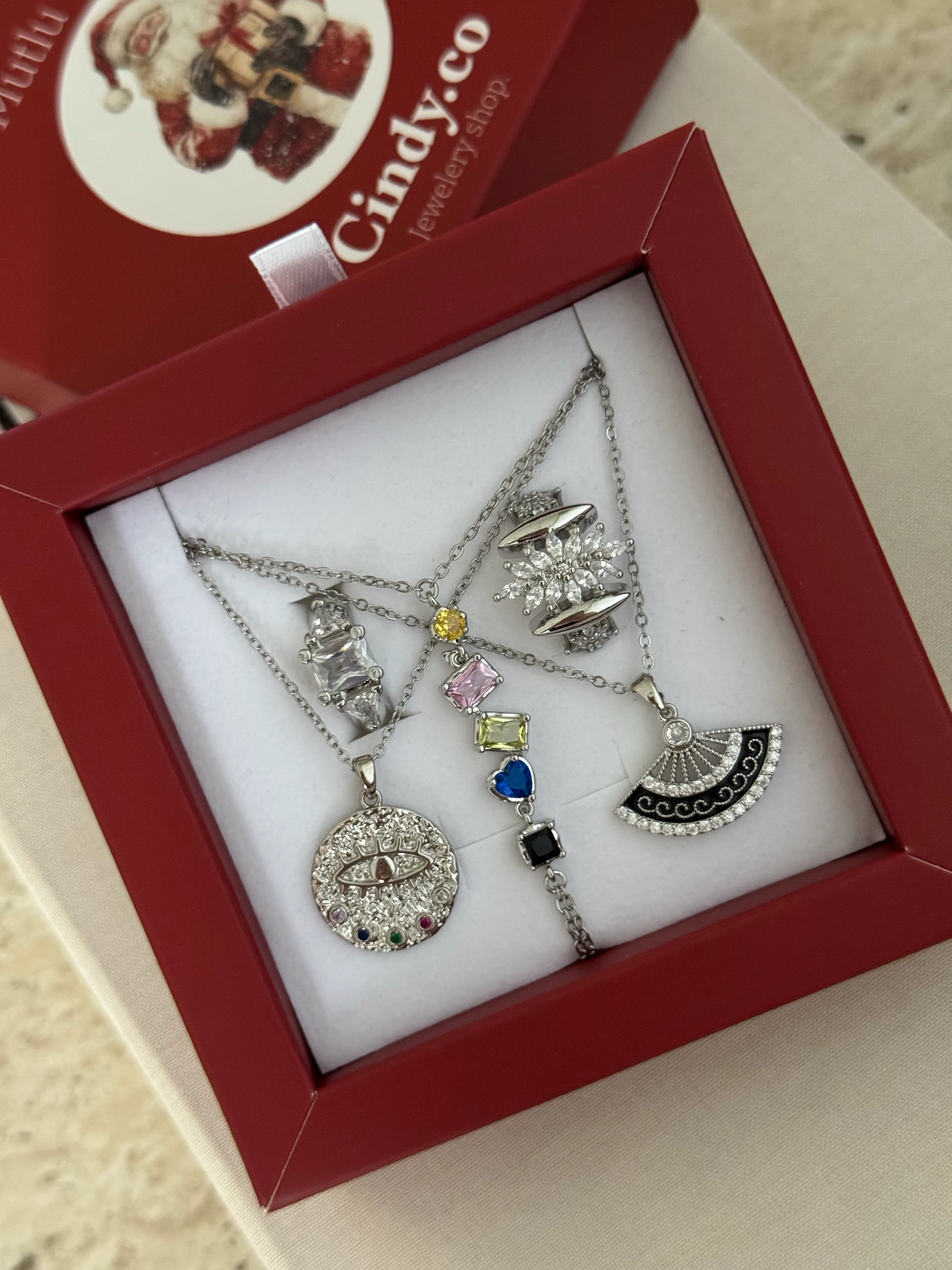 Çelik | Renkli taşlı silver vintage kolye 