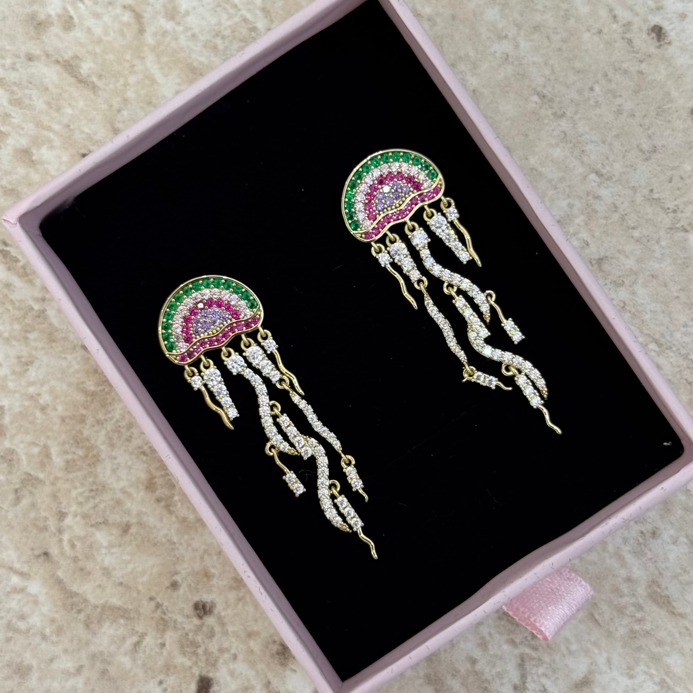 Çelik | Renkli taşlı jellyfish küpe