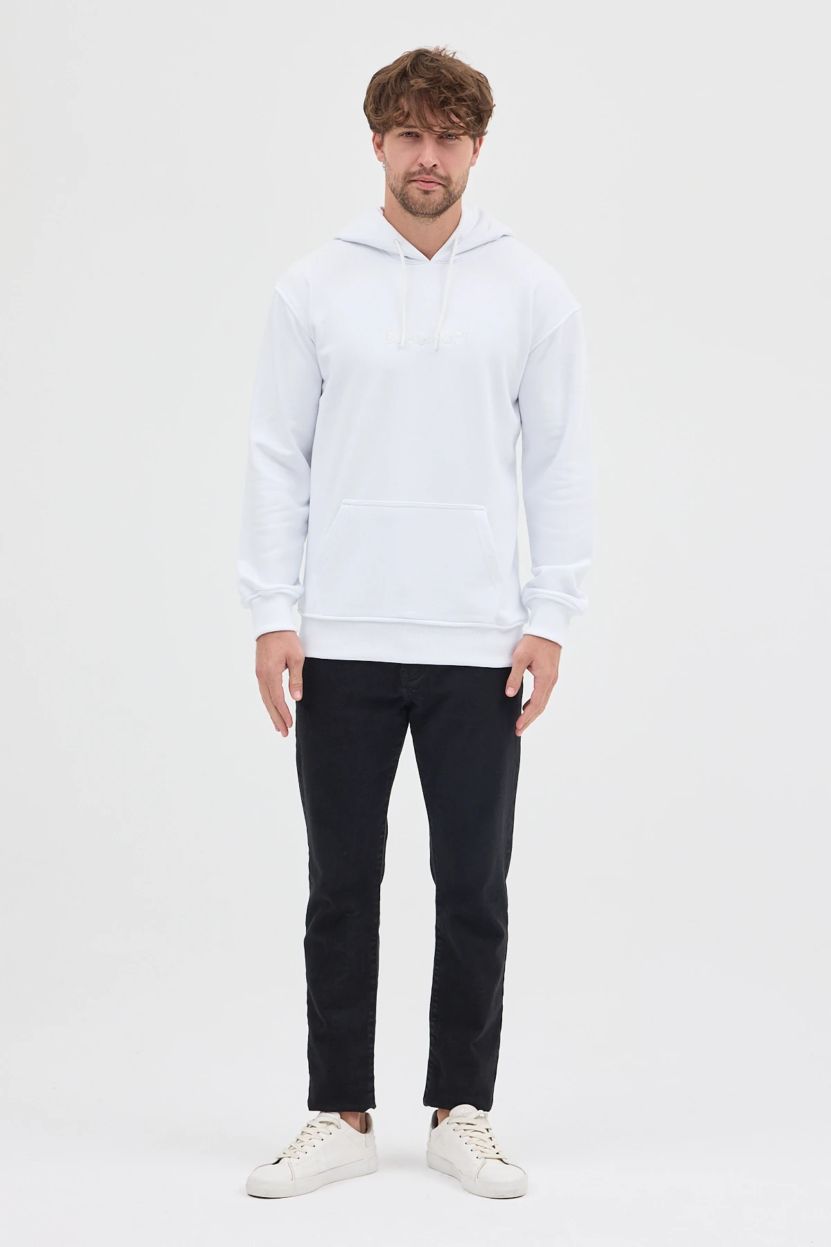BLACK SPÎ Erkek Kapüşonlu Basic Sweatshirt - Beyaz