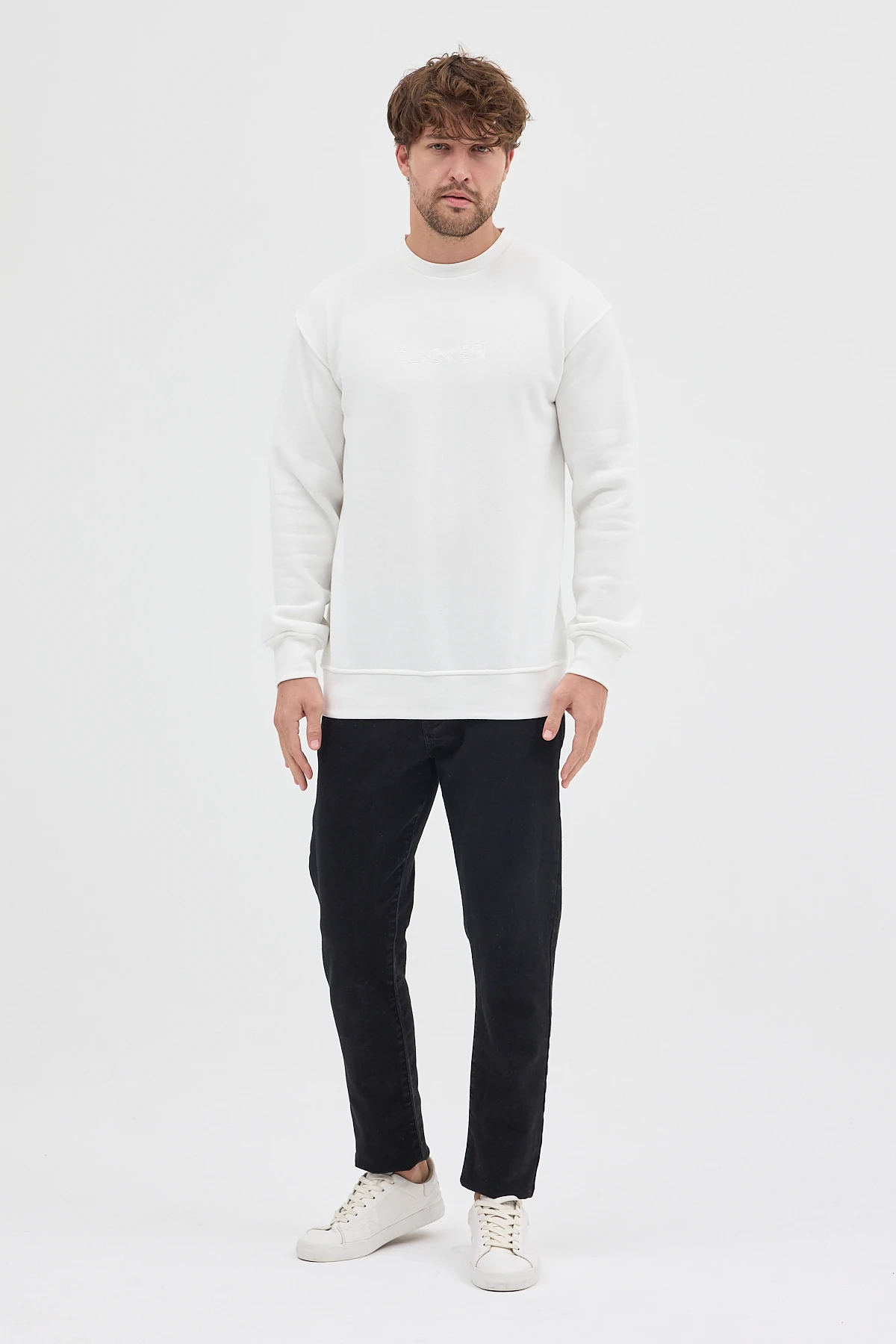 BLACK SPÎ Erkek Şardonlu Basic Sweatshirt - Ekru
