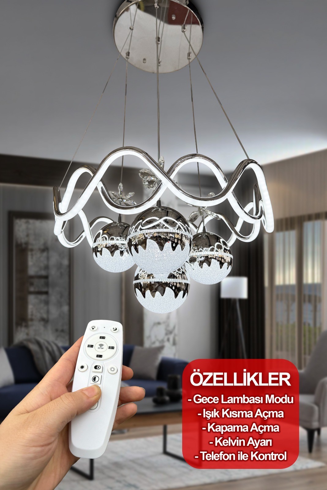 Modern Sarkıt Ateş Topu 4Toplu İthal Ledli 3 Renk Kumandalı Led Avize - Krom
