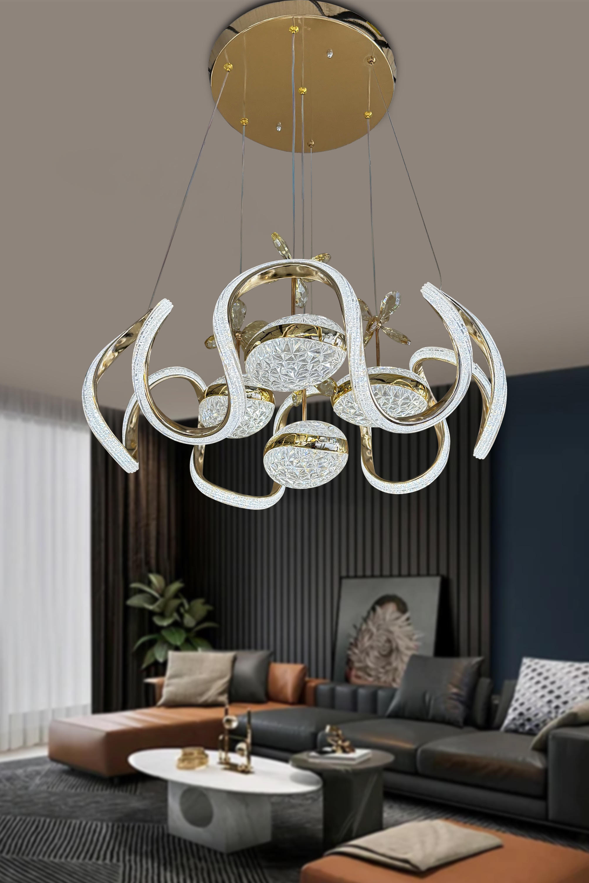 Eliza 4 Toplu Simli Slikonlu Modern Yüksek (Işık) Salon Led Avizesi