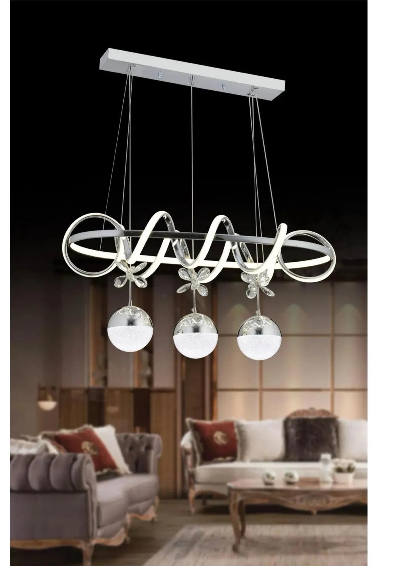 Çemberli Kıvrım Masaüstü (Yıldız) 3 Toplu Led Avize - Krom